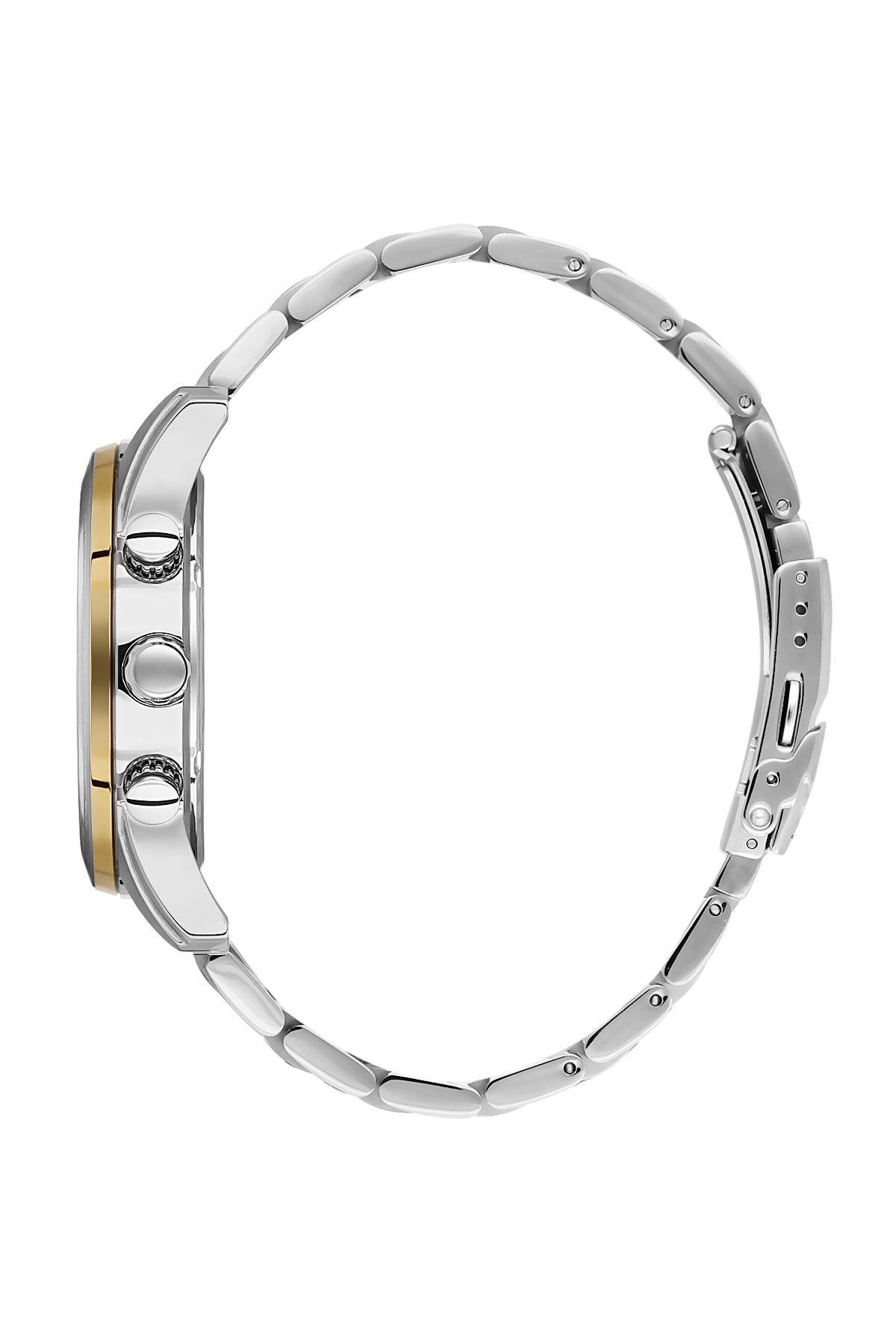 Close-up of a silver watch with gold accents on a white background