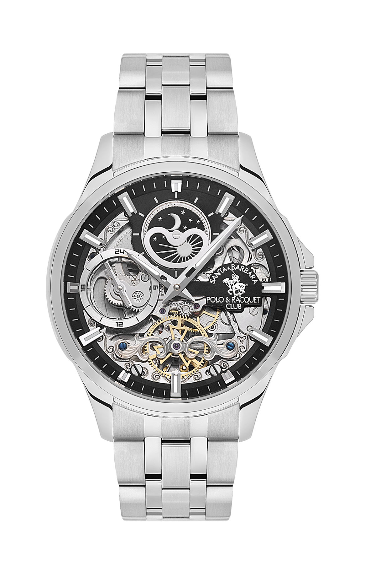 Silver watch with intricate mechanical details on a white background