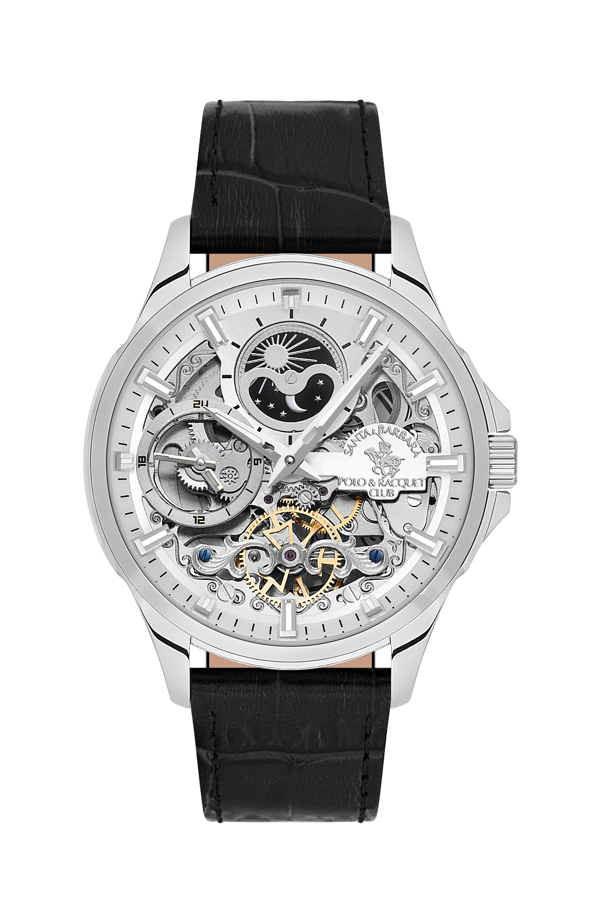 Mechanical watch with black leather strap on a white background