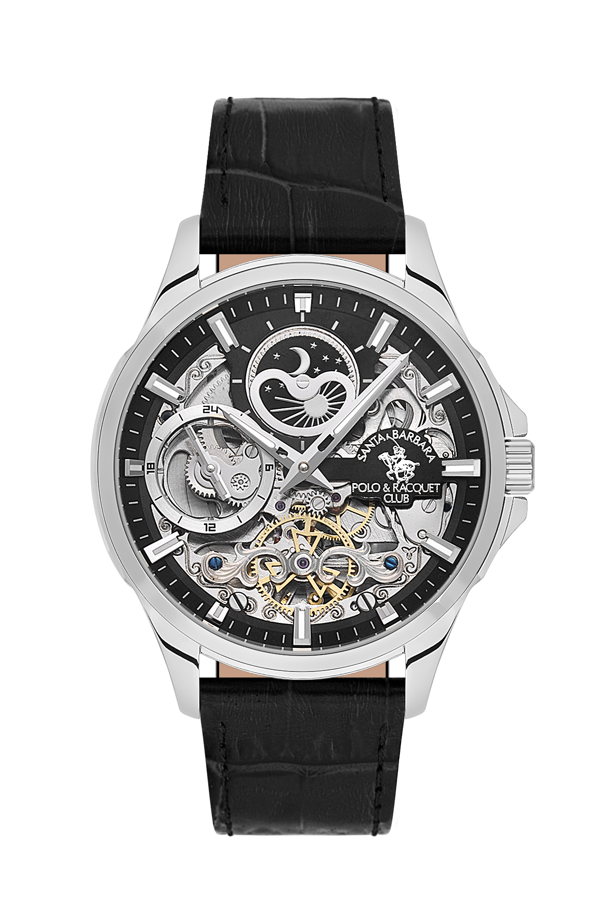Wristwatch with black leather strap and visible mechanical components on a white background