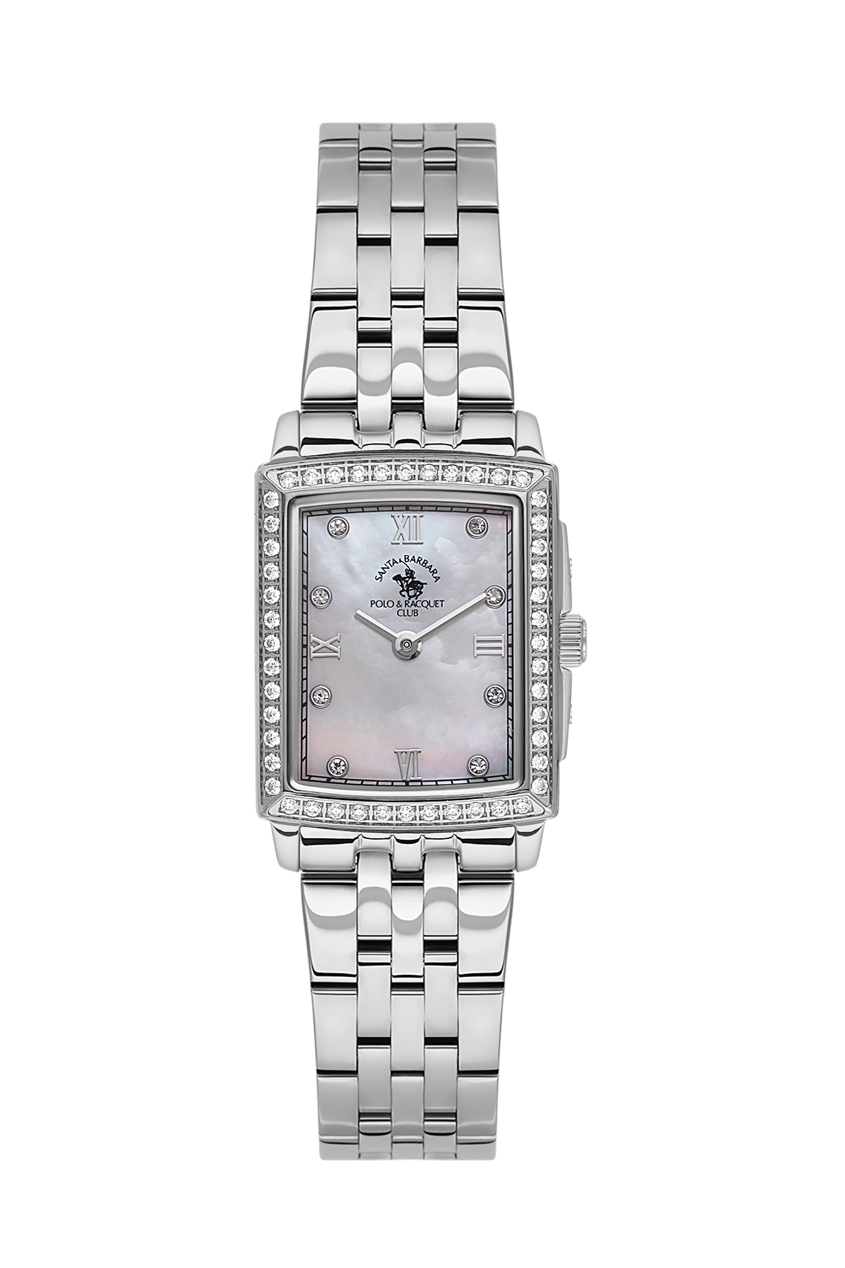 Silver watch with a rectangular face on a white background