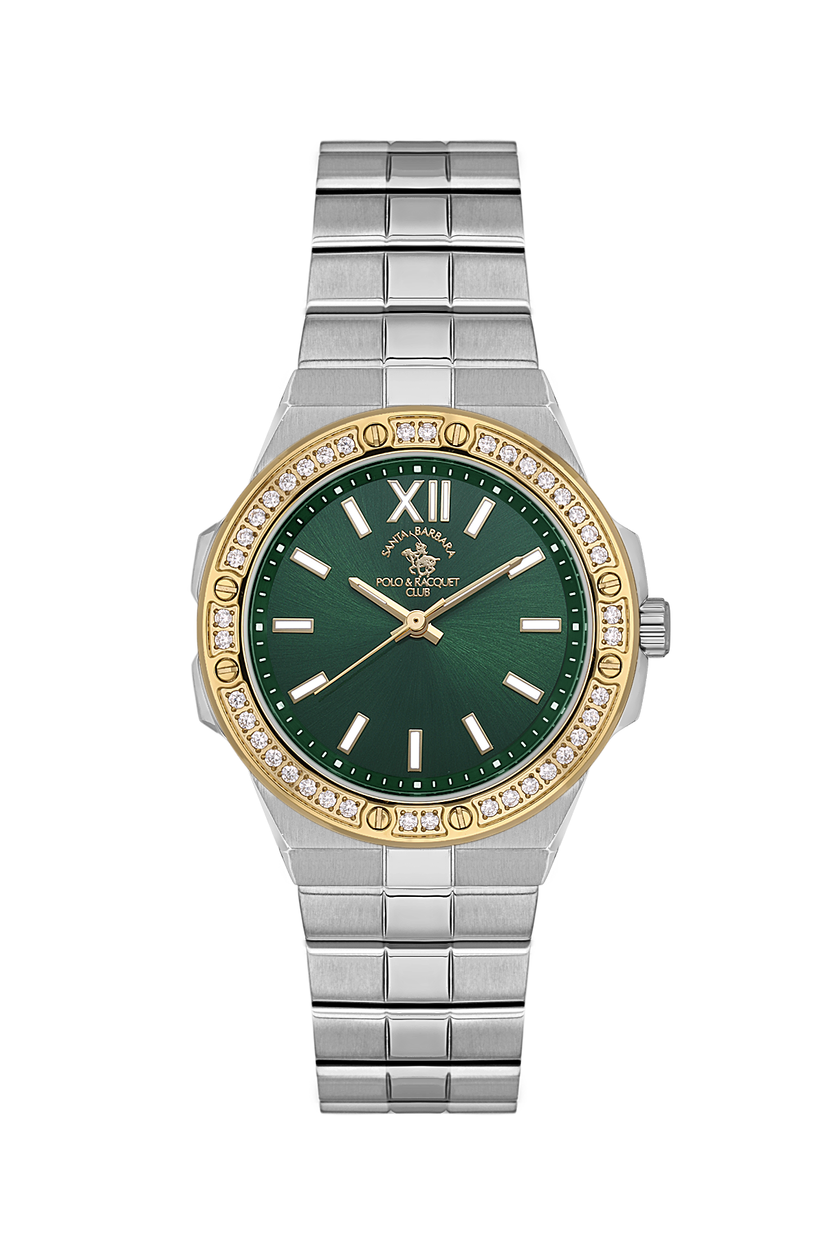 Watch with green dial, gold bezel, and silver metal strap on white background