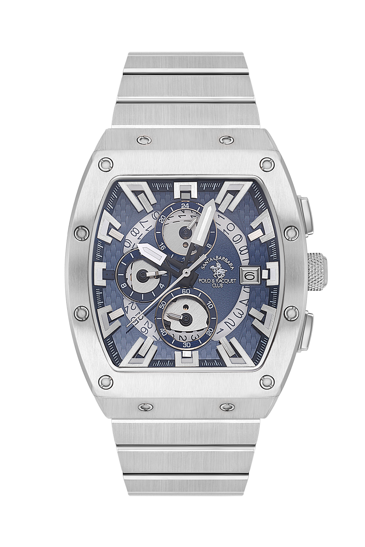 Silver watch with a blue face on a white background