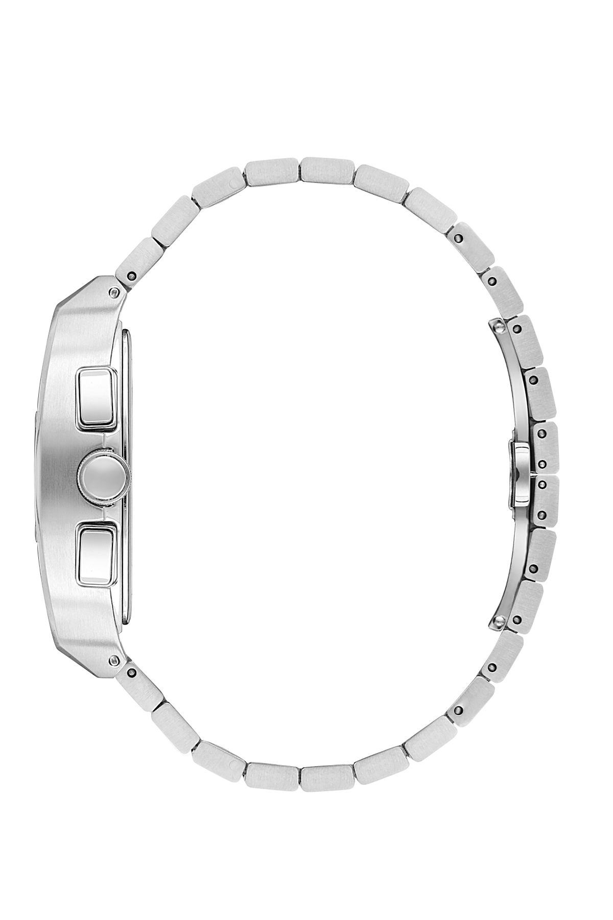 Silver watch band on a white background