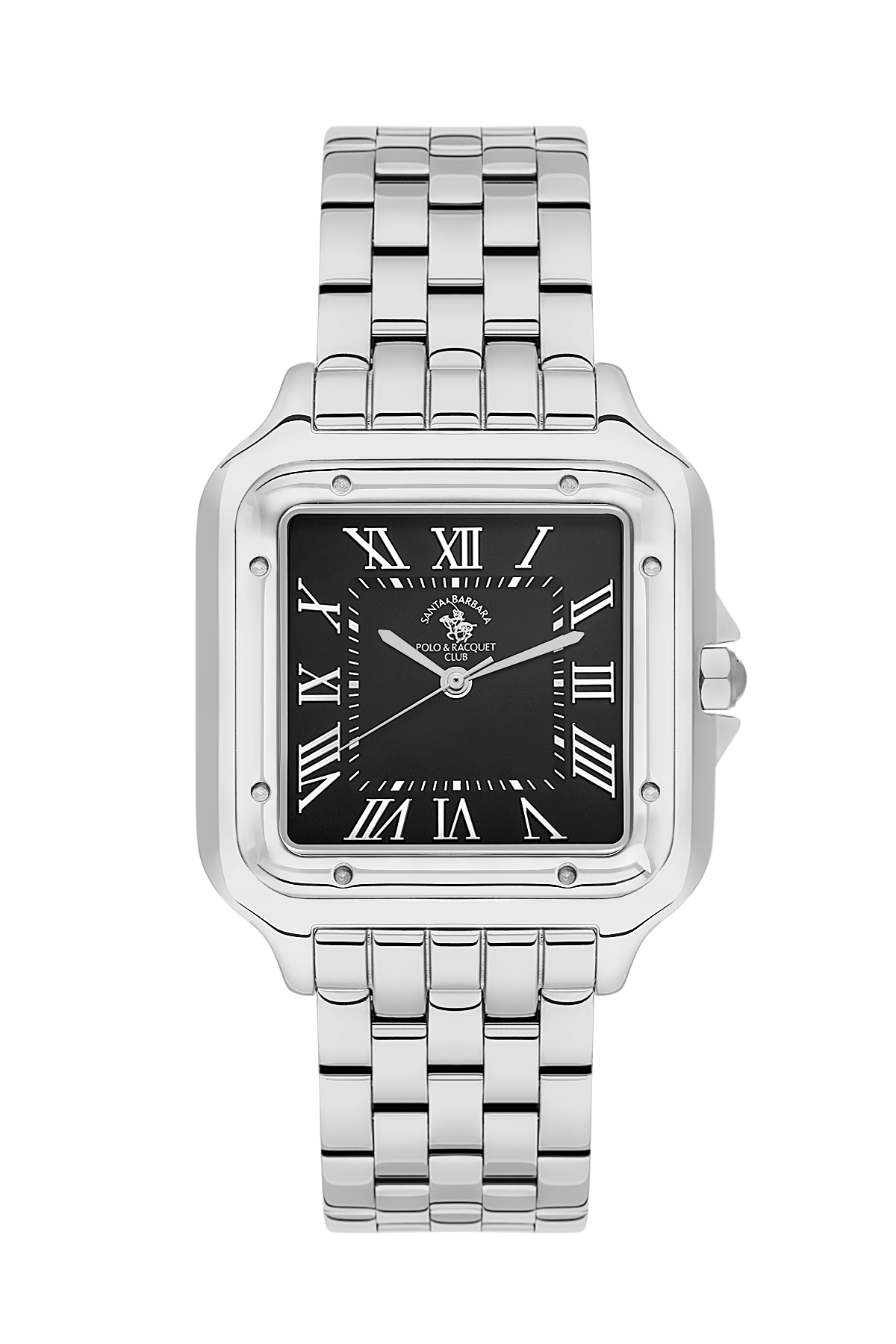 Silver watch with black dial featuring Roman numerals on a white background