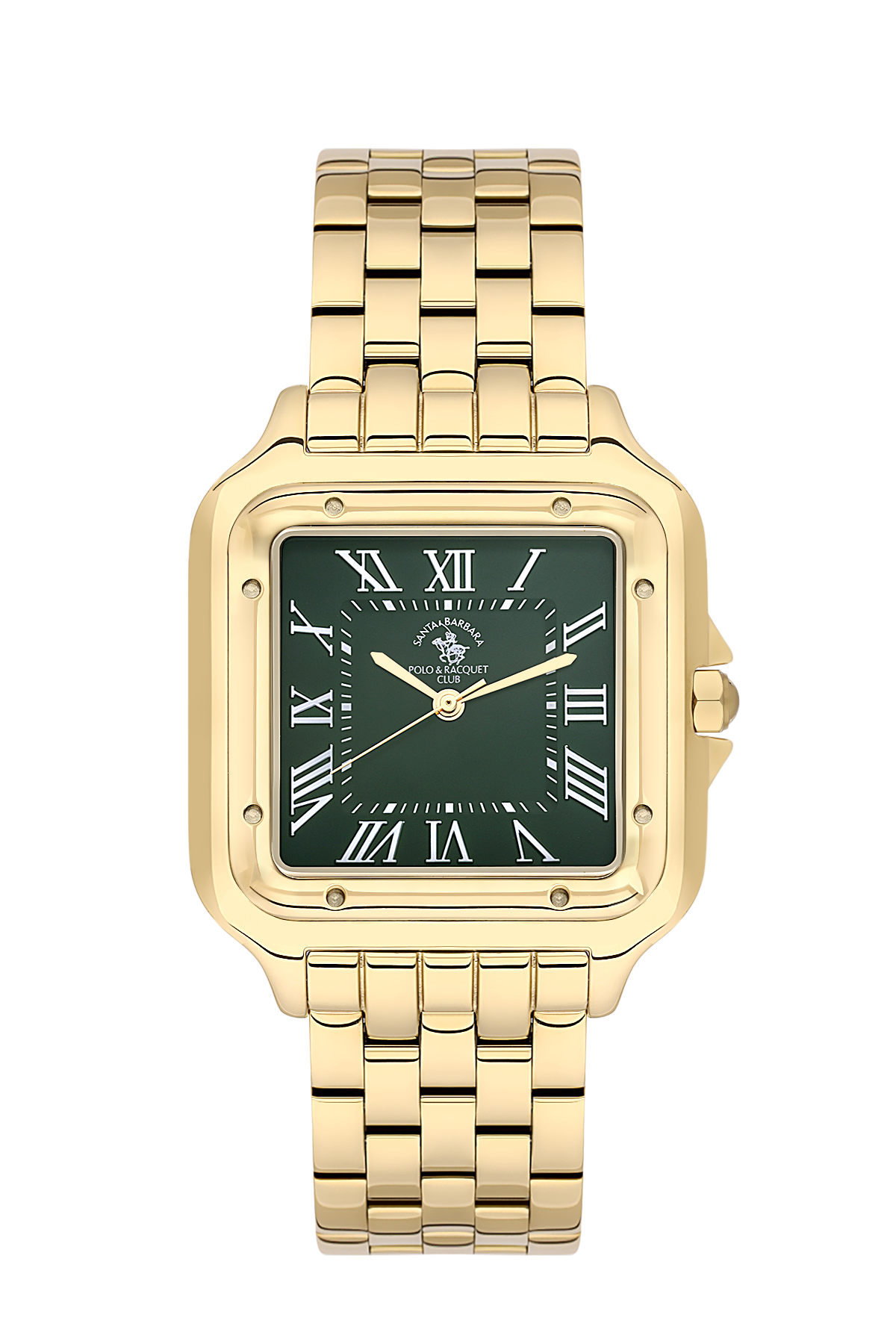 Gold watch with a green face on a white background