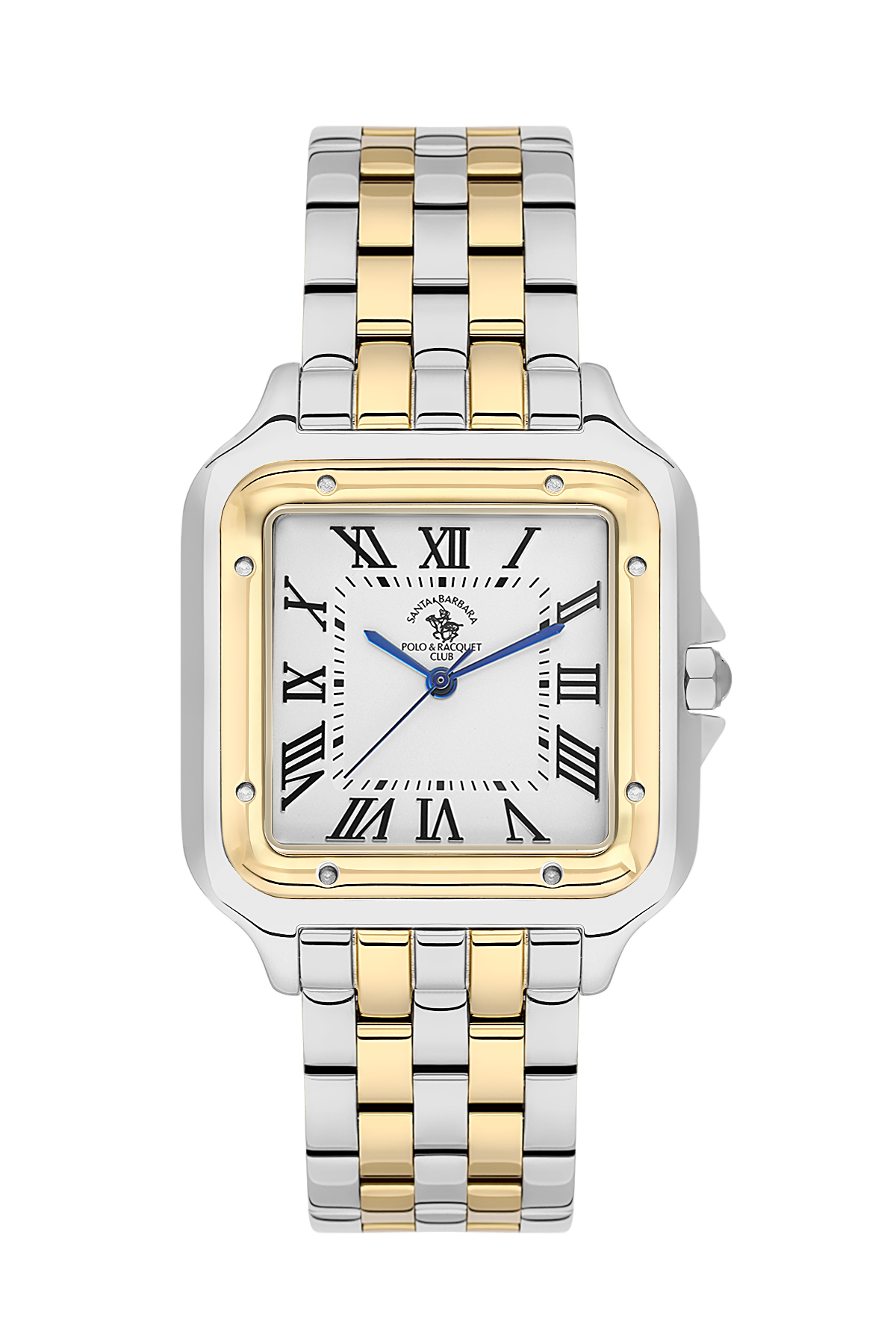 Two-tone watch with a white face and gold accents on a white background