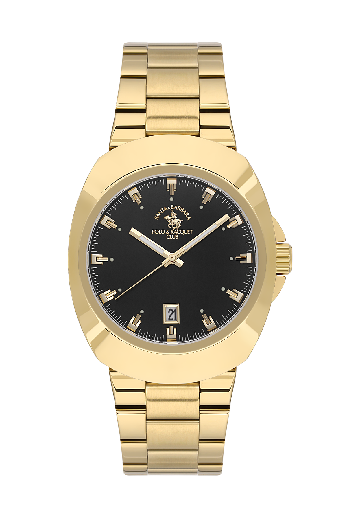 Gold wristwatch with a black dial on a white background