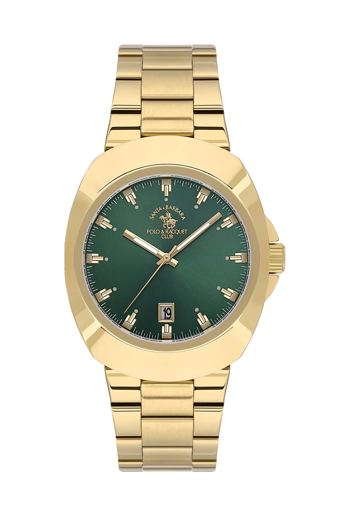 Gold watch with a green dial on a white background