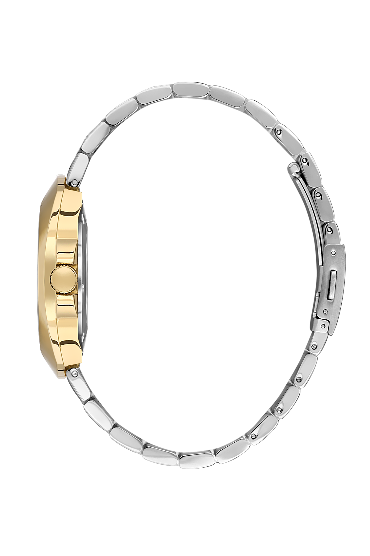 Close-up of a watch with a two-tone metal band on a white background
