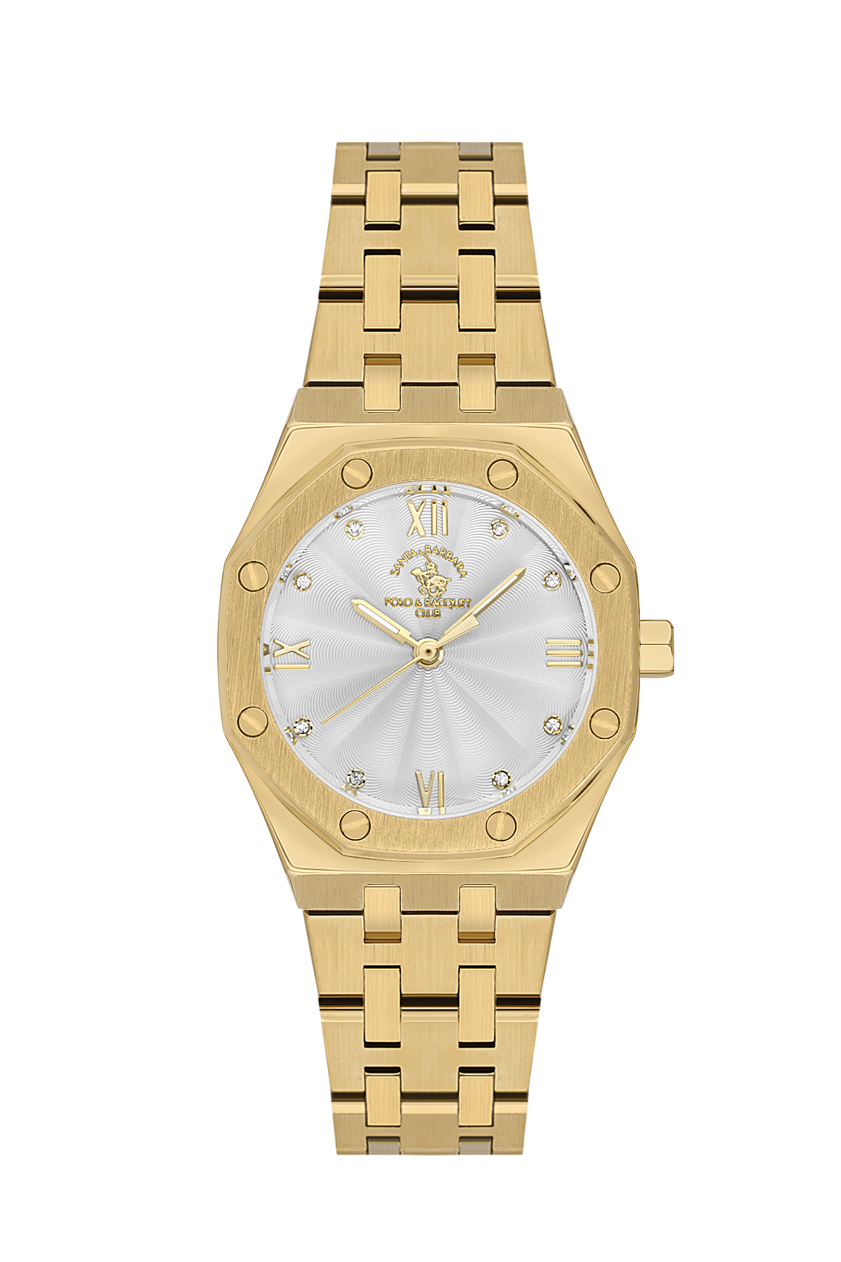 Gold wristwatch with a white face on a white background