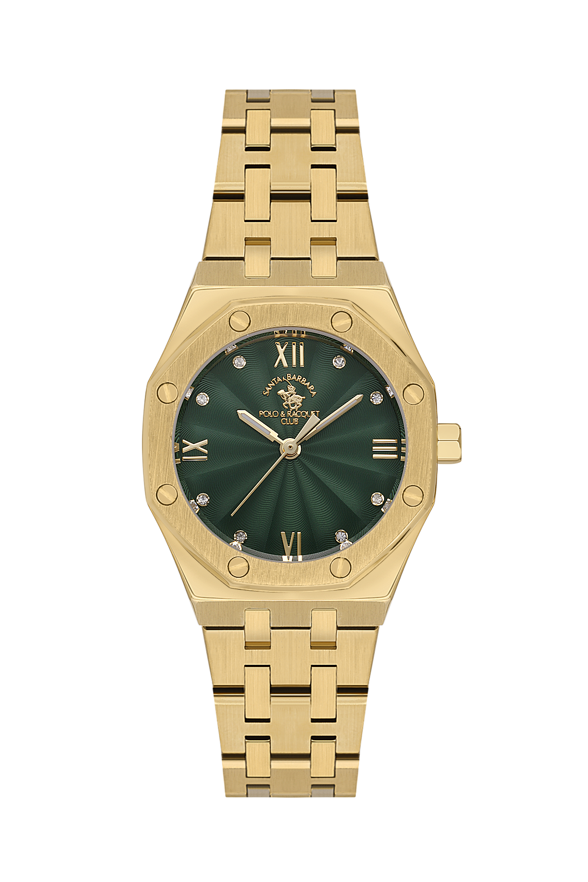 Gold watch with a green dial on a white background