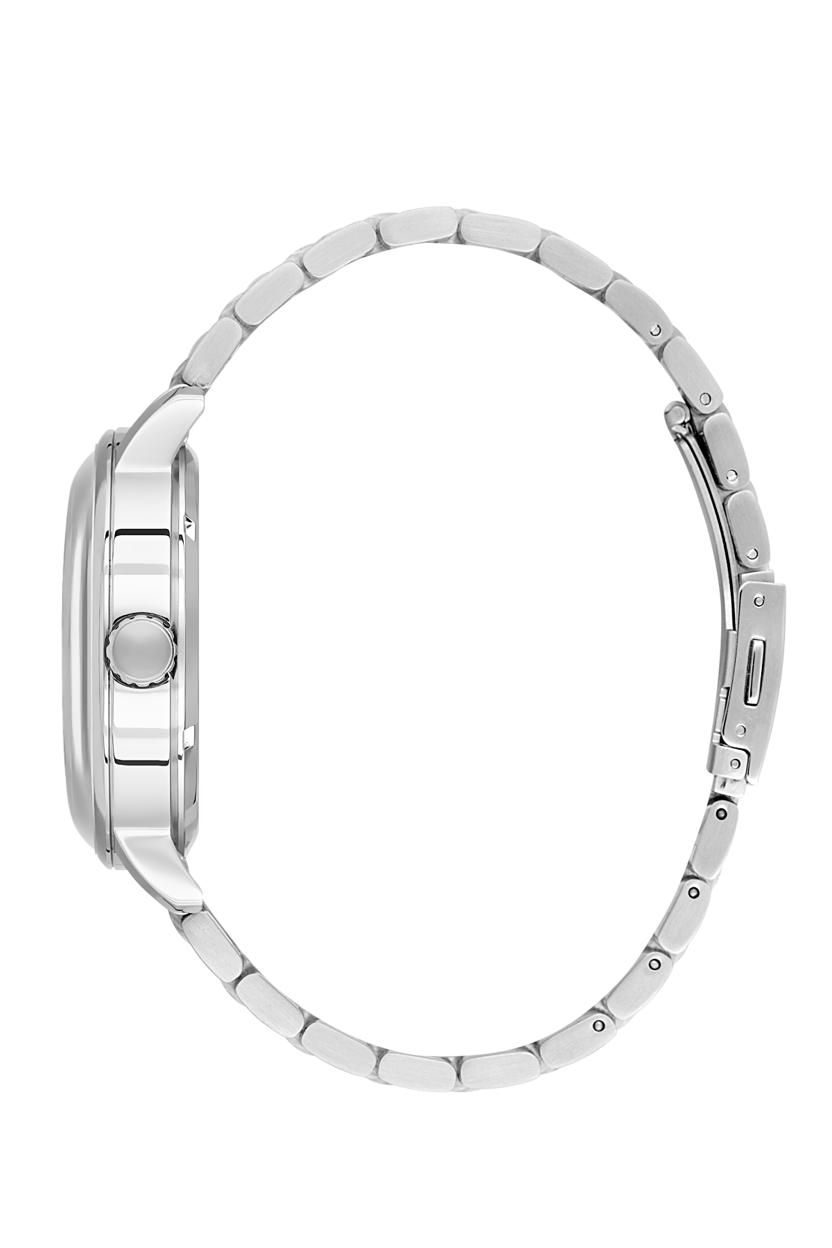 Silver watch band on a white background