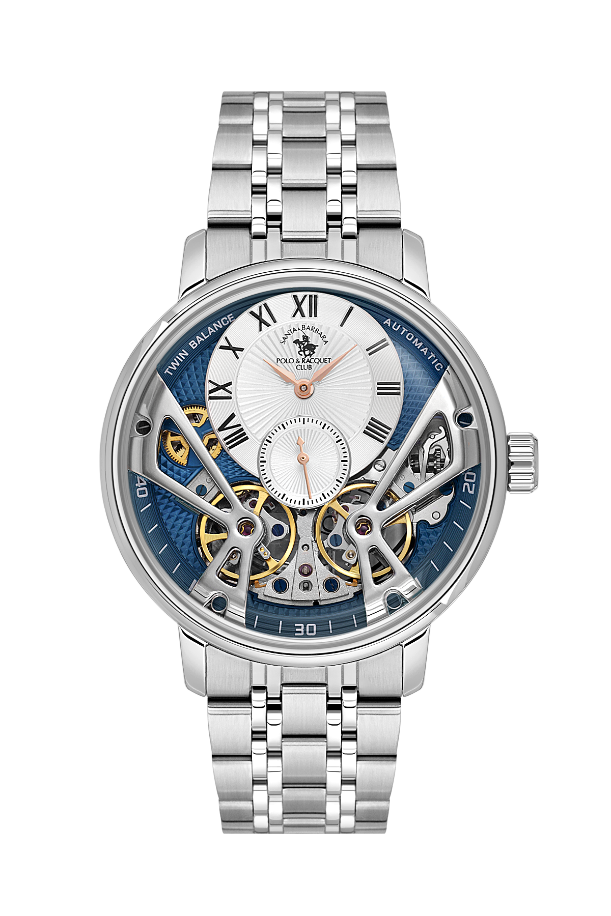 Silver wristwatch with a detailed face on a white background
