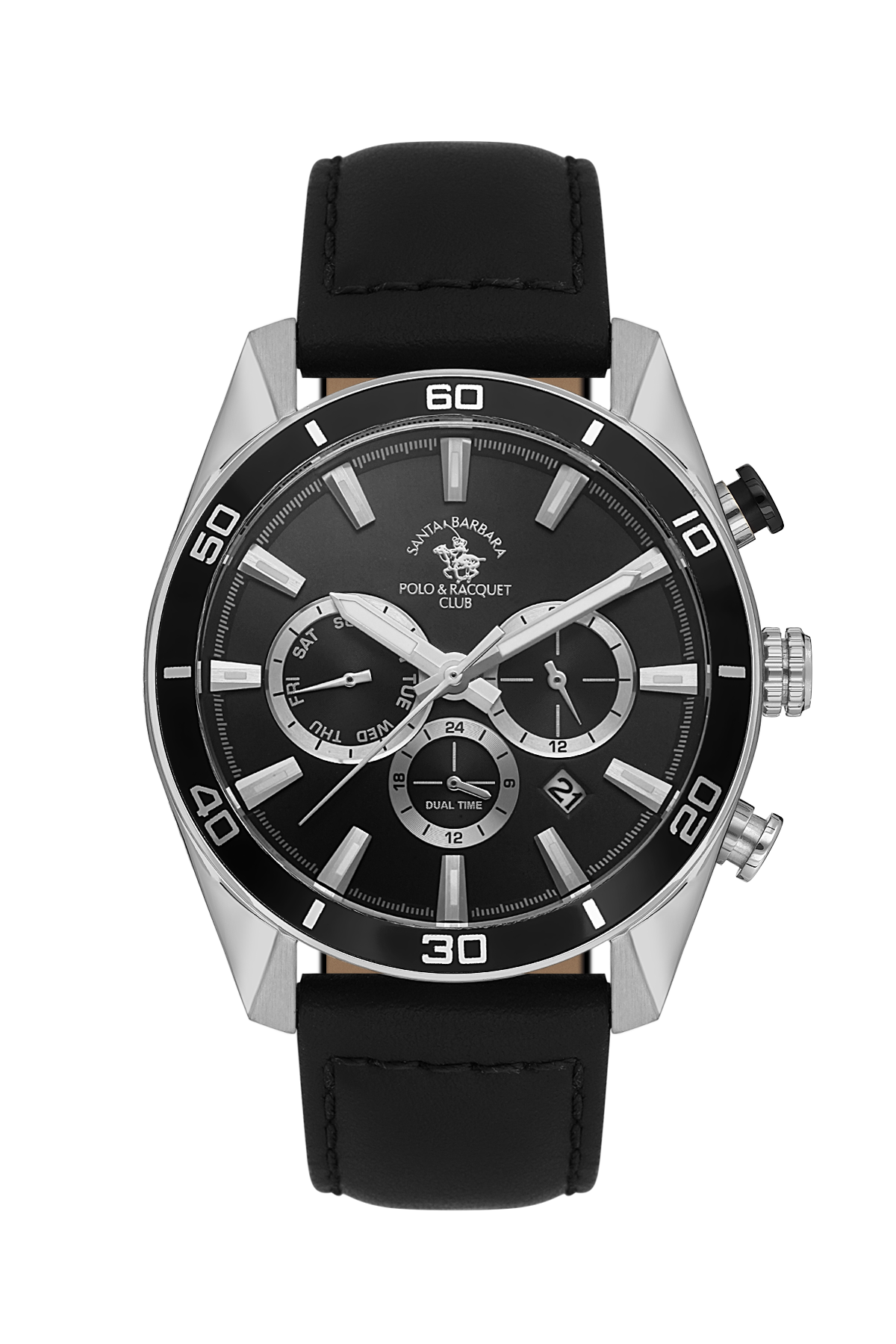 Black watch with silver accents on a white background