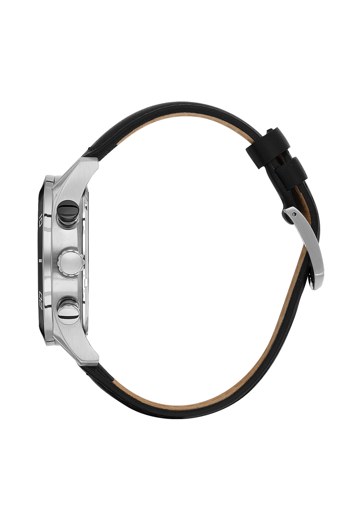 Close-up of a watch with a black strap on a white background