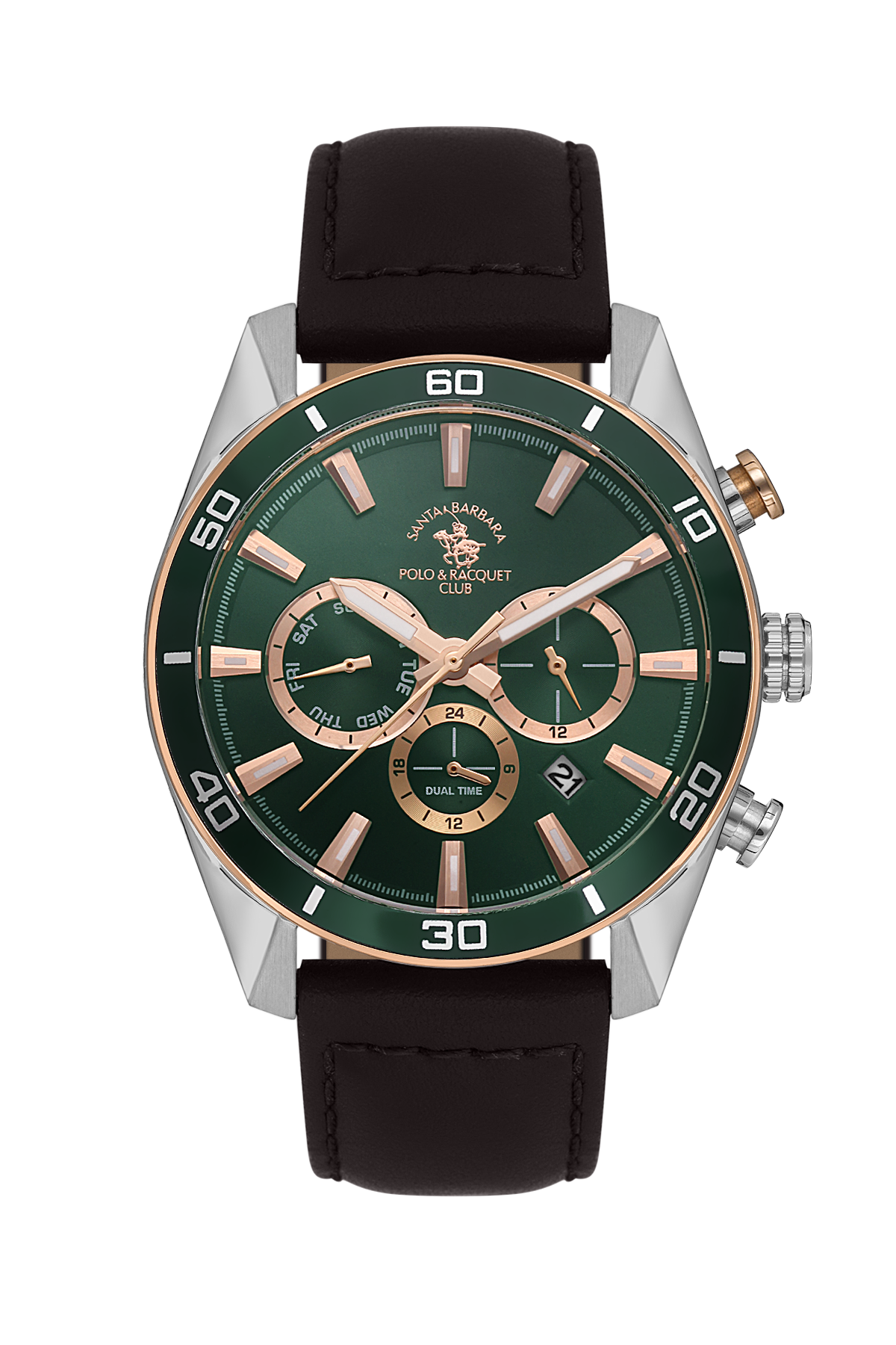 Watch with green dial and black strap on a white background