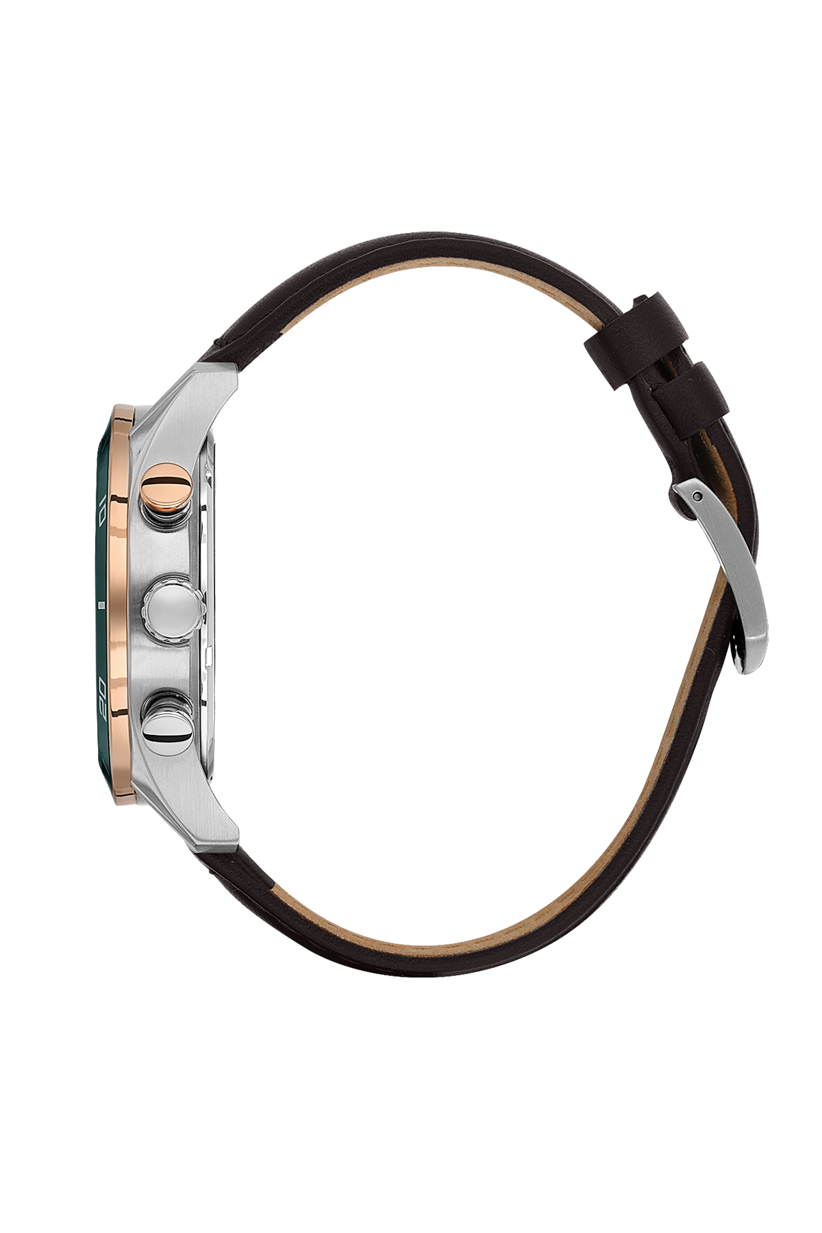 Close-up of a watch with a black strap and silver case on a white background