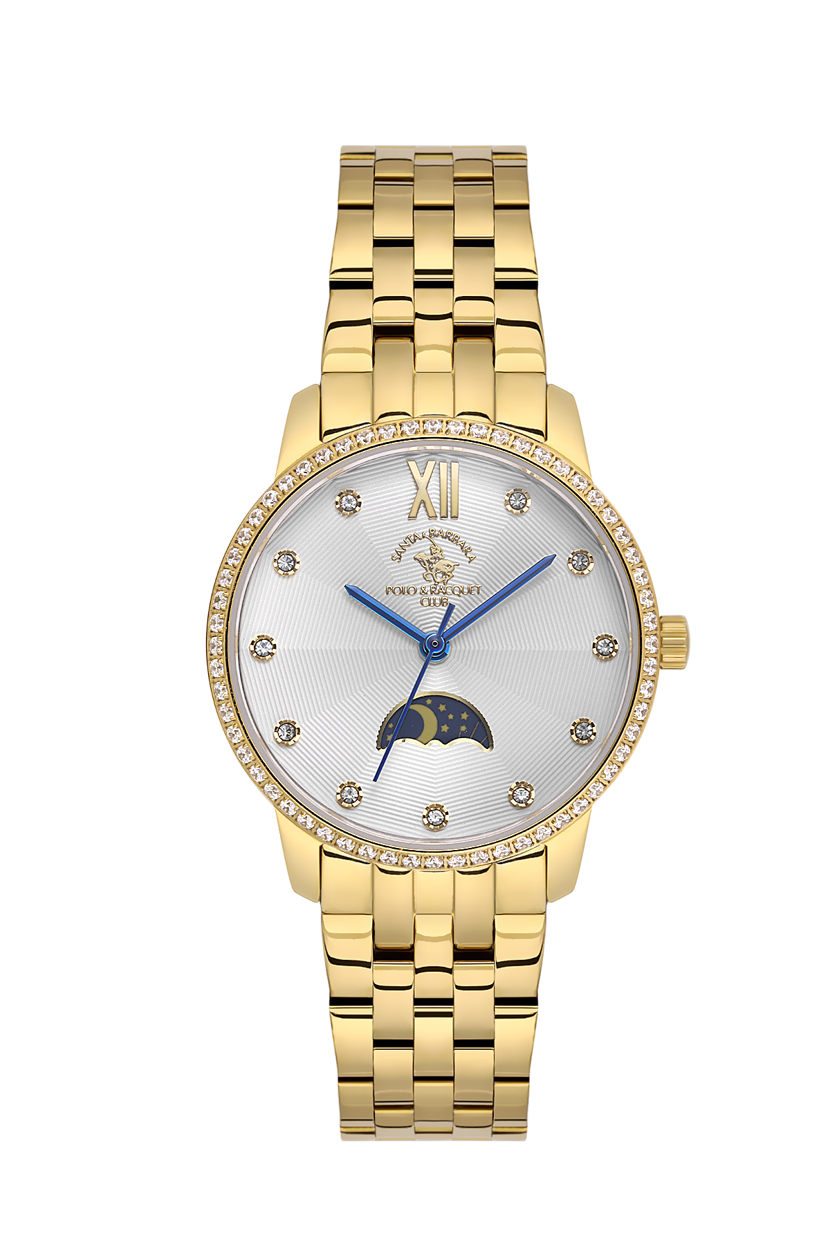 Gold wristwatch with a white face and blue accents on a white background