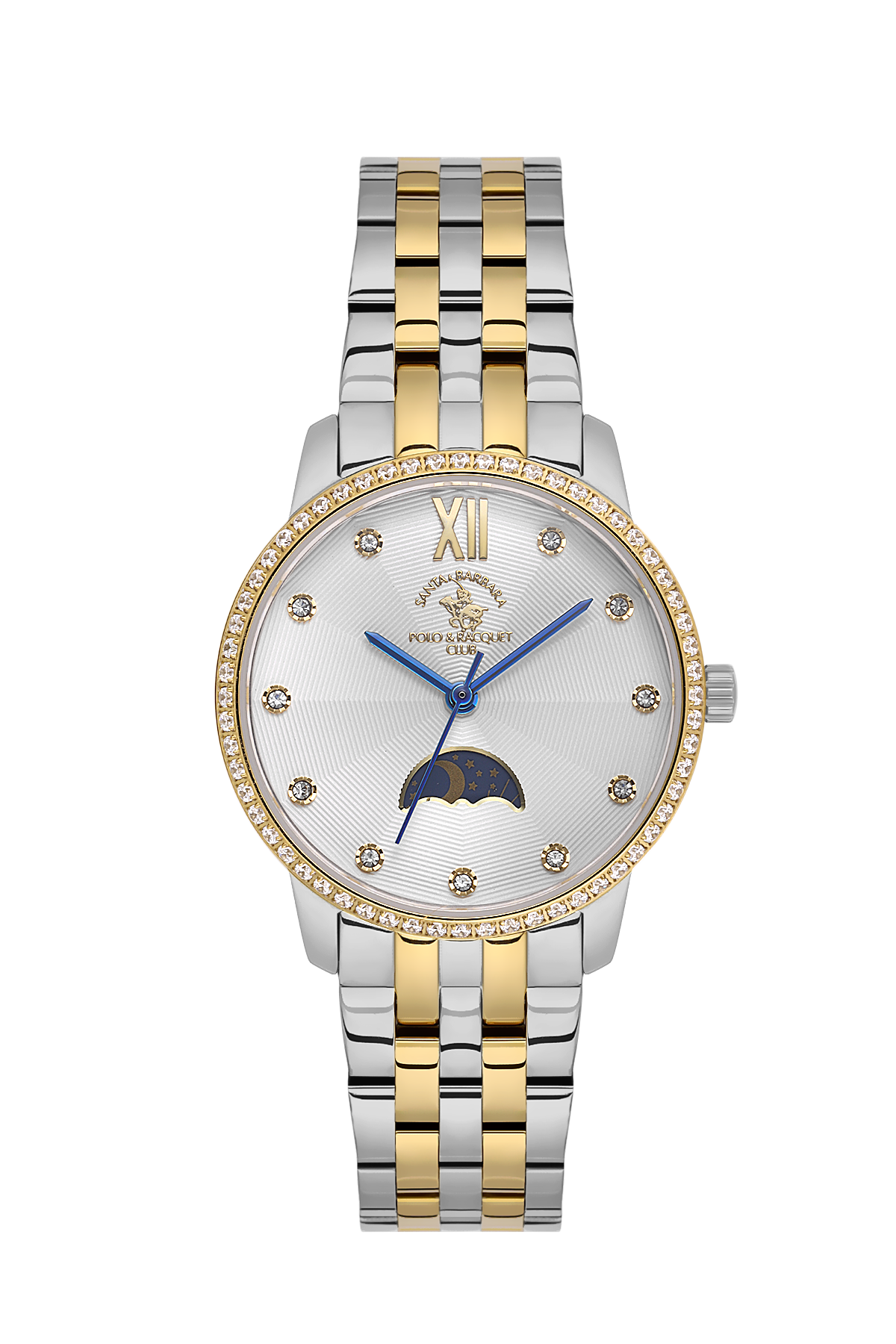 Two-tone watch with silver and gold band on a white background