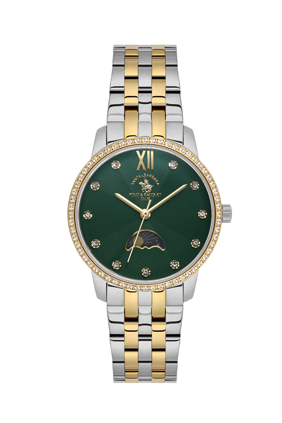 Two-tone watch with a green face on a white background