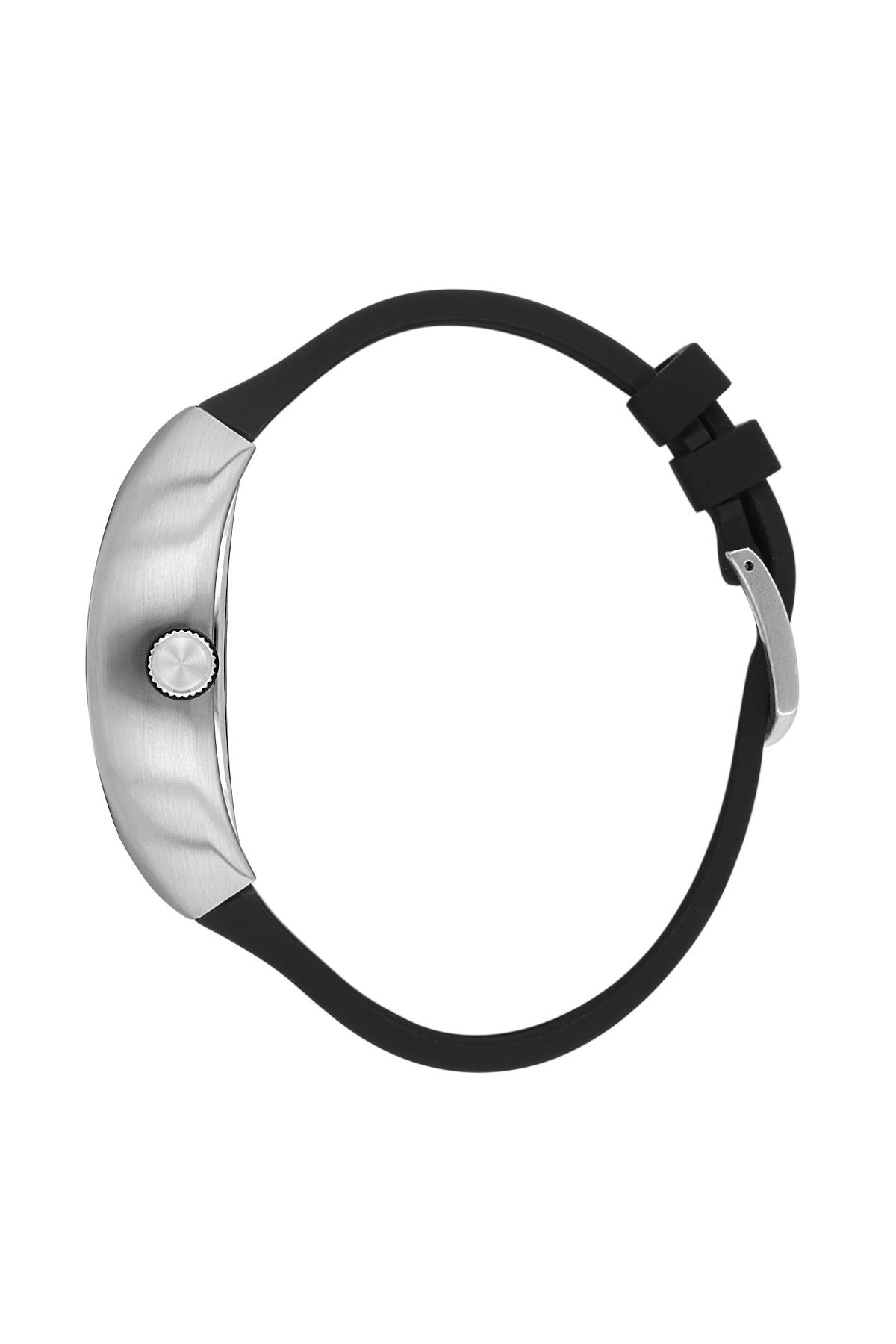 Silver watch with black strap on a white background