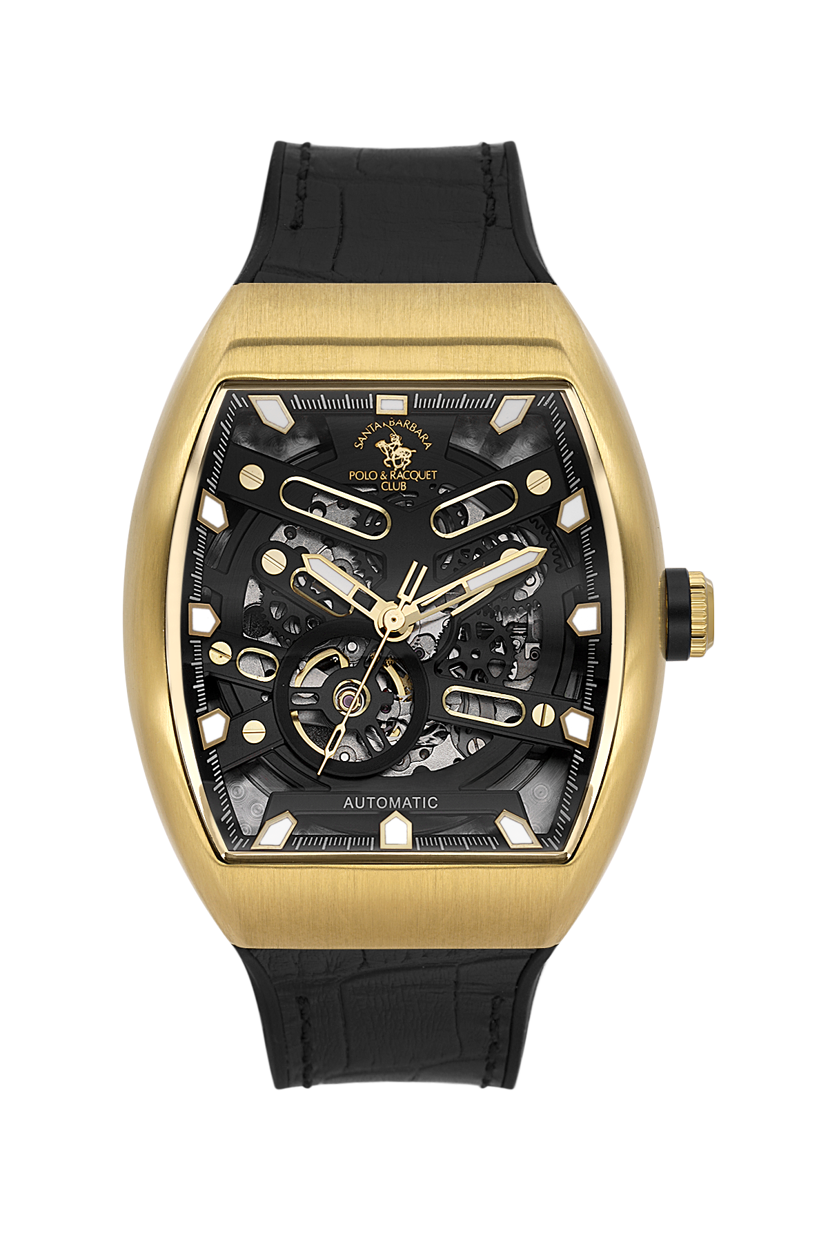 Gold watch with black face and strap on a white background