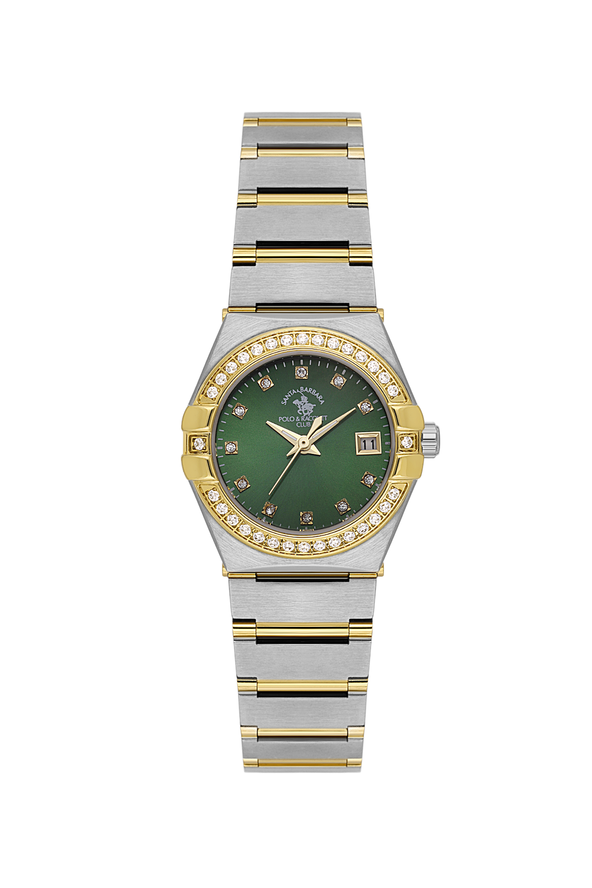 Two-tone watch with a green face and diamond accents on a white background