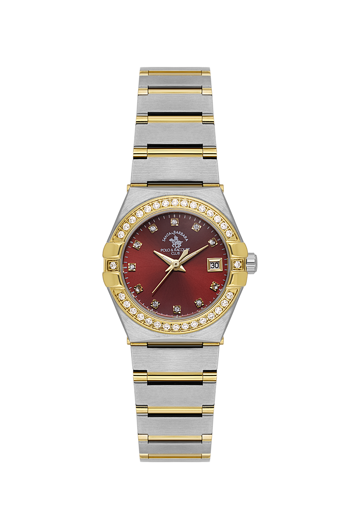 Two-tone watch with a red face and diamond accents on a white background