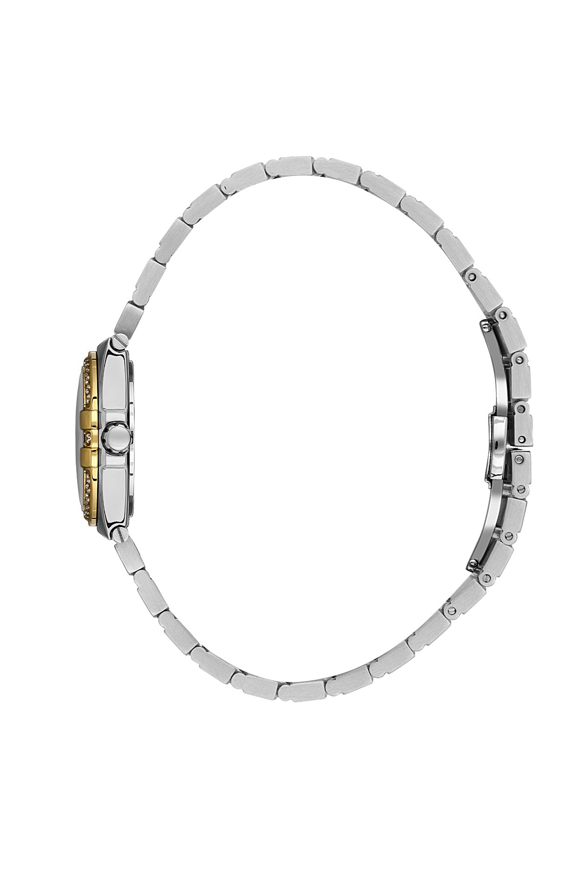 Silver watch with a gold accent on a white background