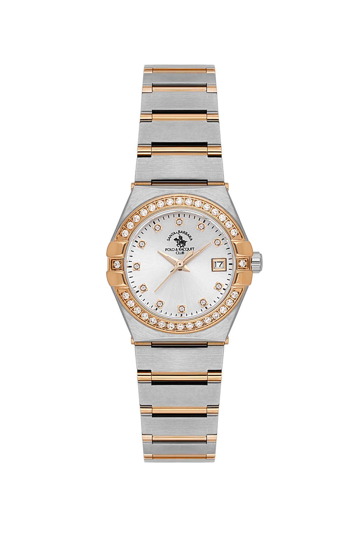 Two-tone watch with a white face and diamond accents on a white background