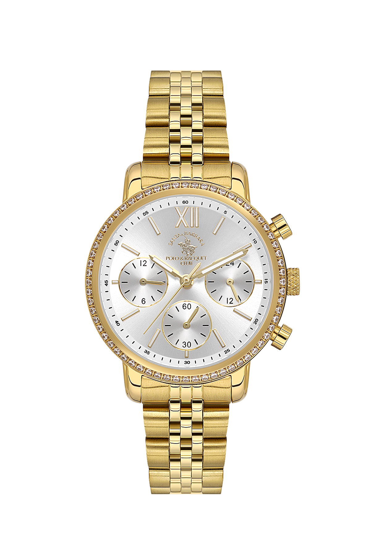Gold wristwatch with a silver face on a white background