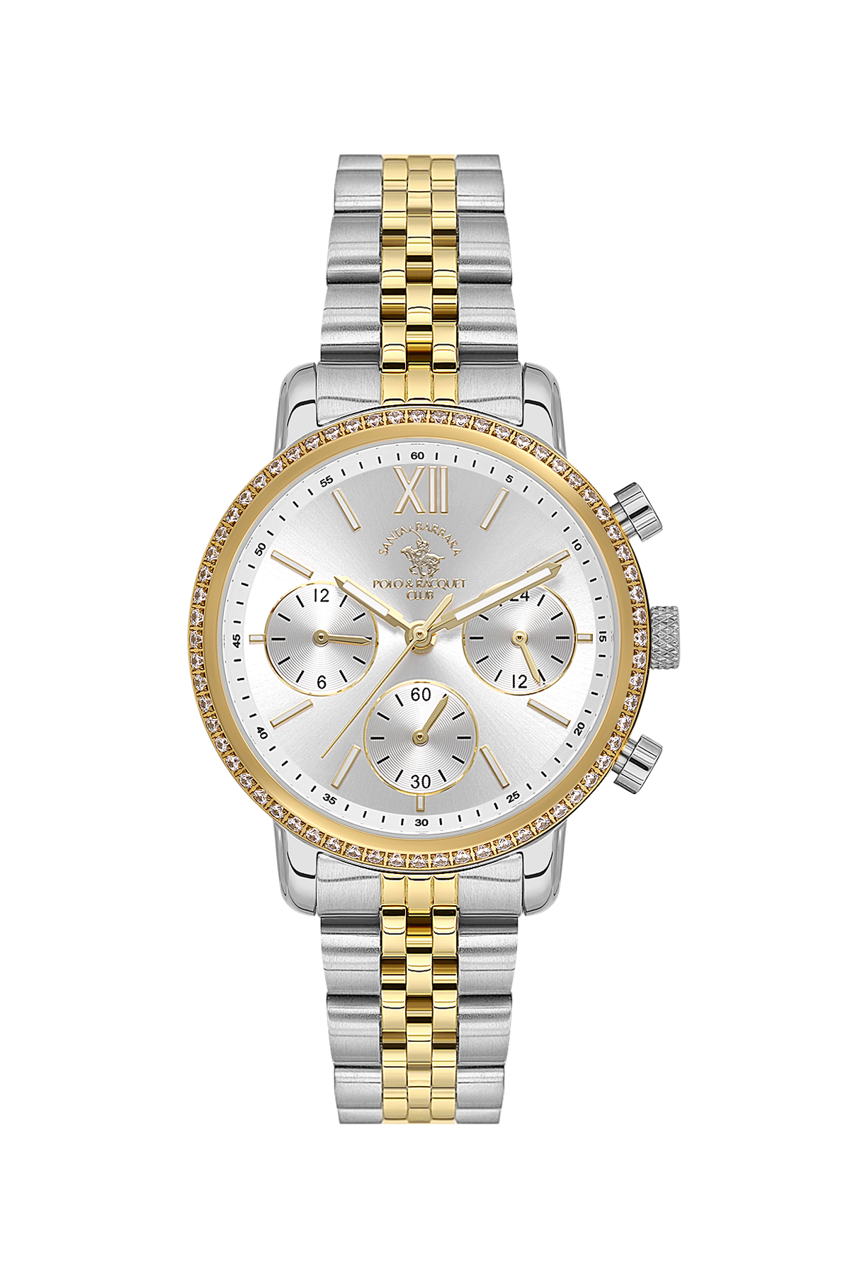 Two-tone watch with silver and gold band on a white background