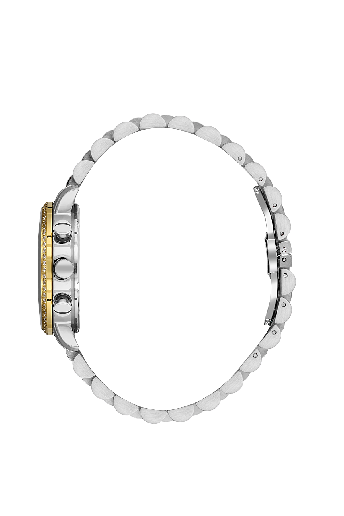 Close-up of a watch with a metallic band on a white background