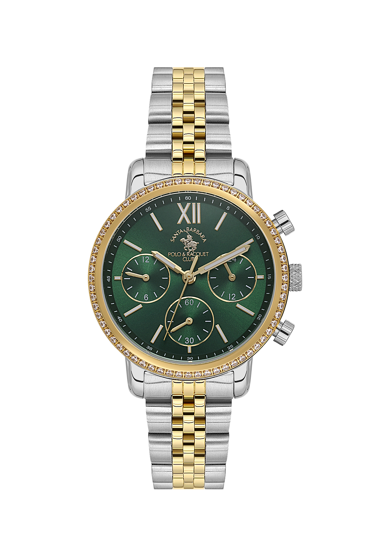 Two-tone watch with green face and gold accents on a white background