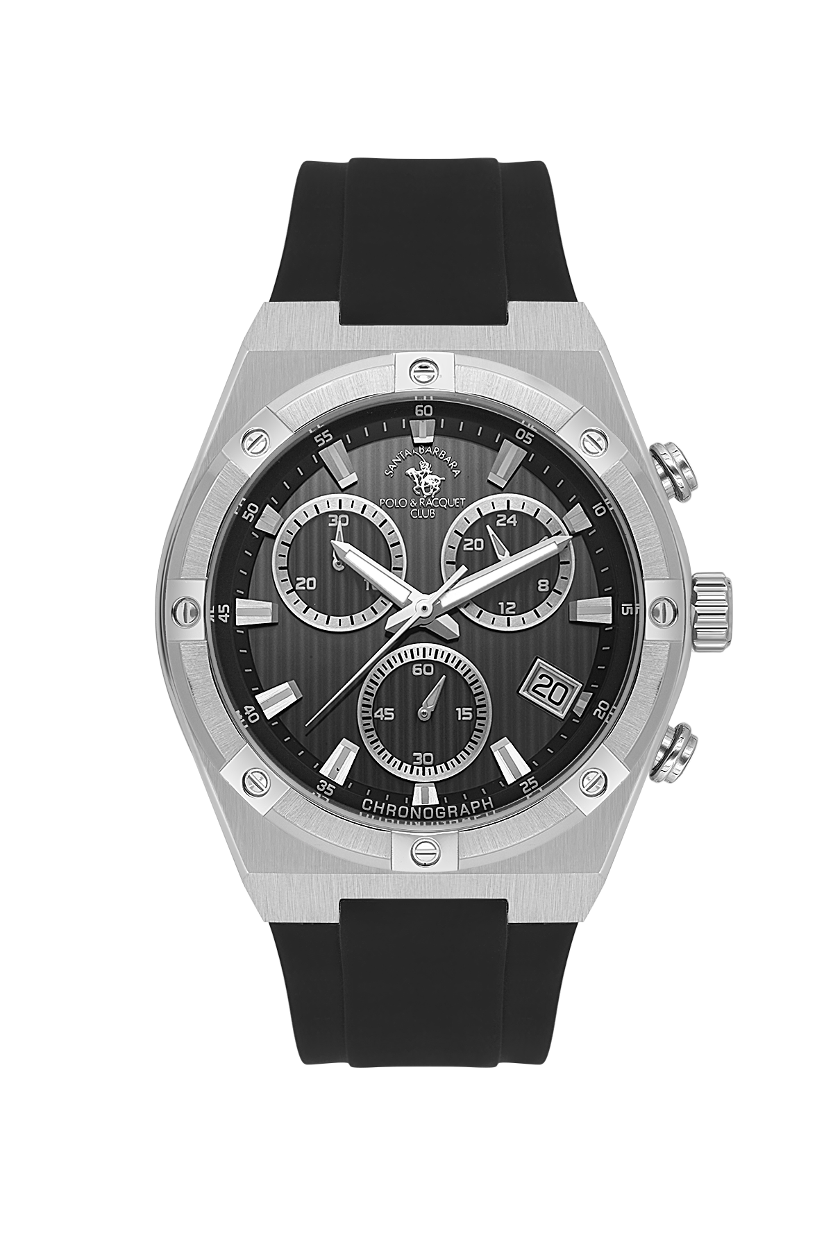 Wristwatch with black dial and rubber strap on a white background