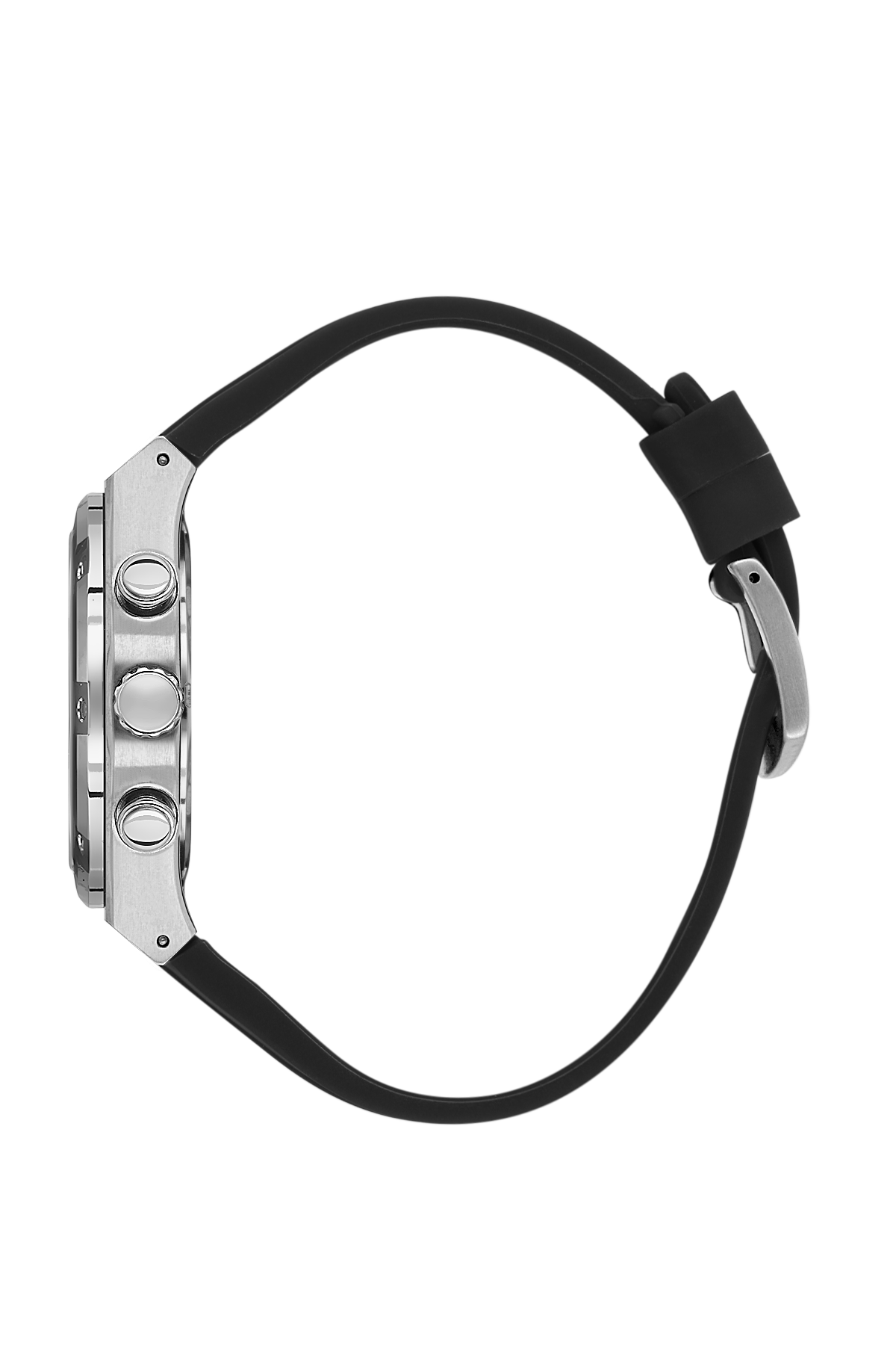 Watch with black strap and silver case on a white background
