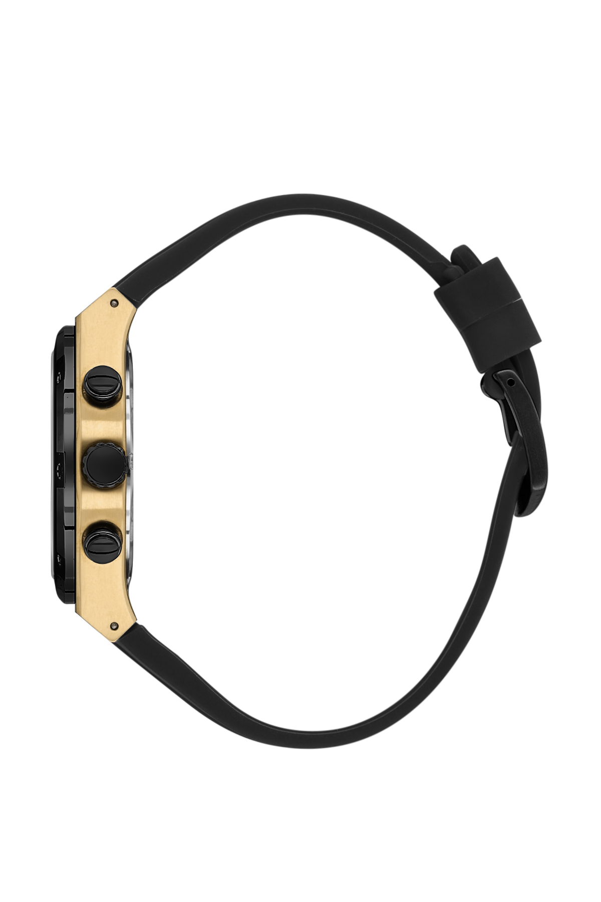 Black and gold watch with a black strap on a white background