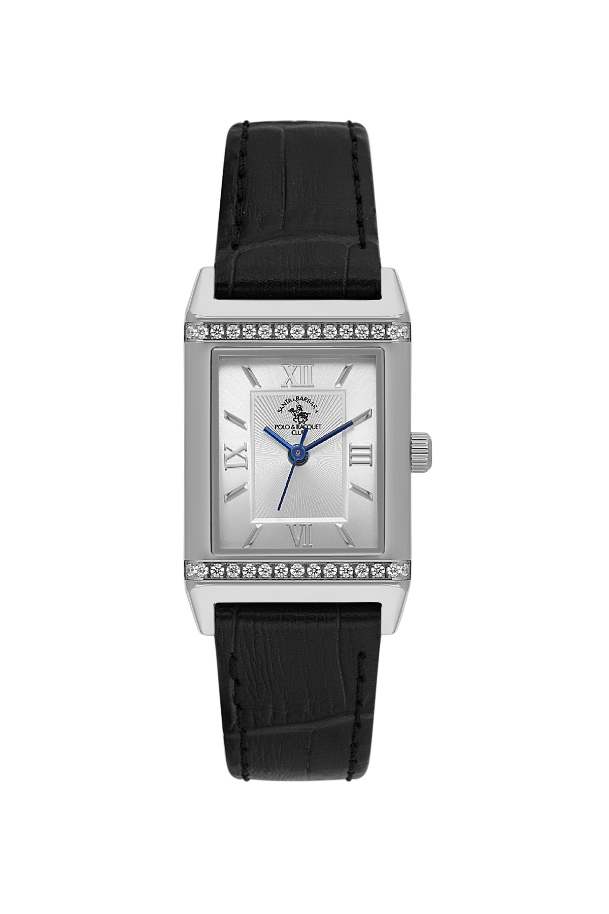 Rectangular watch with black strap and silver case on a white background