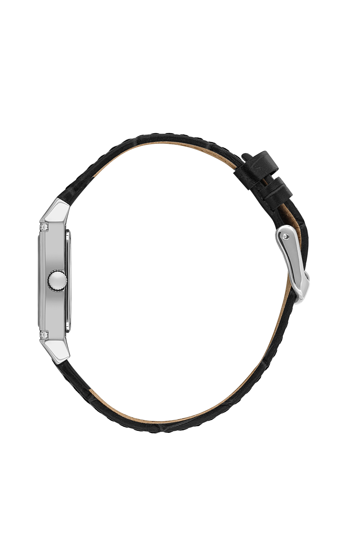 Wristwatch with black strap and silver case on a white background