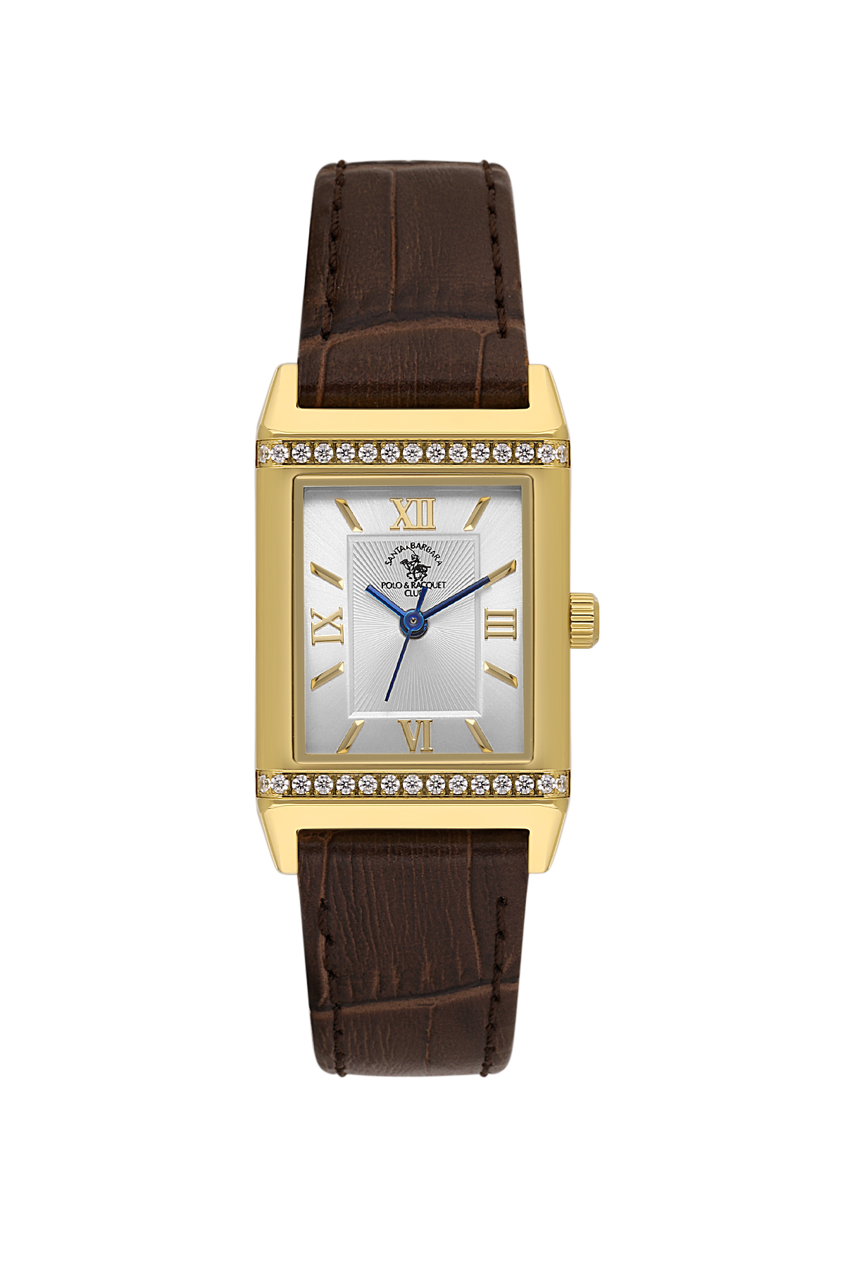 Gold watch with brown leather strap on a white background