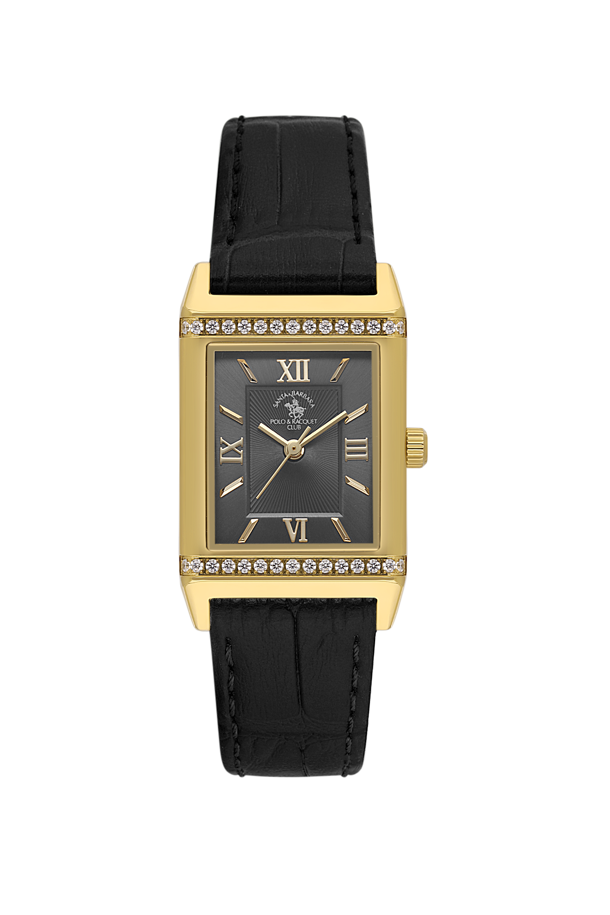 Gold watch with black strap and diamond-studded bezel on a white background
