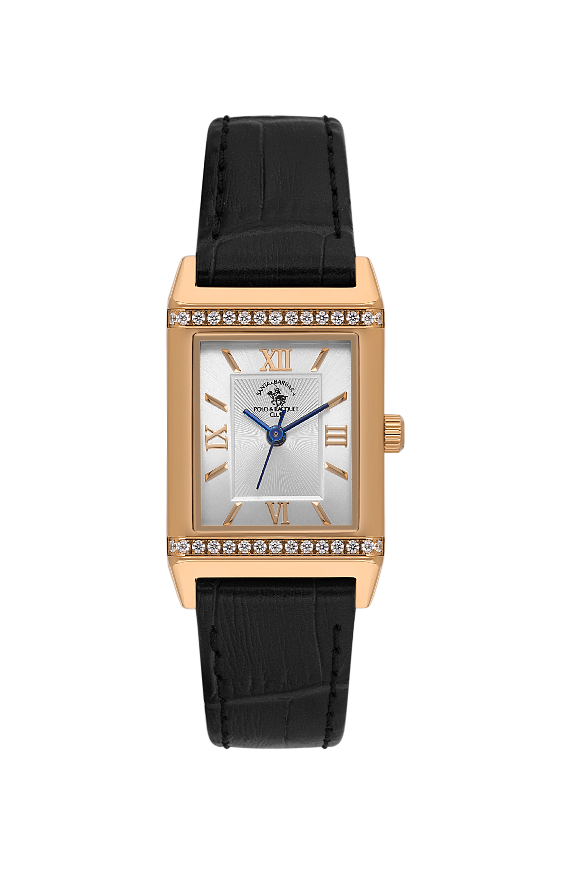 Luxury watch with black strap and rose gold case on white background
