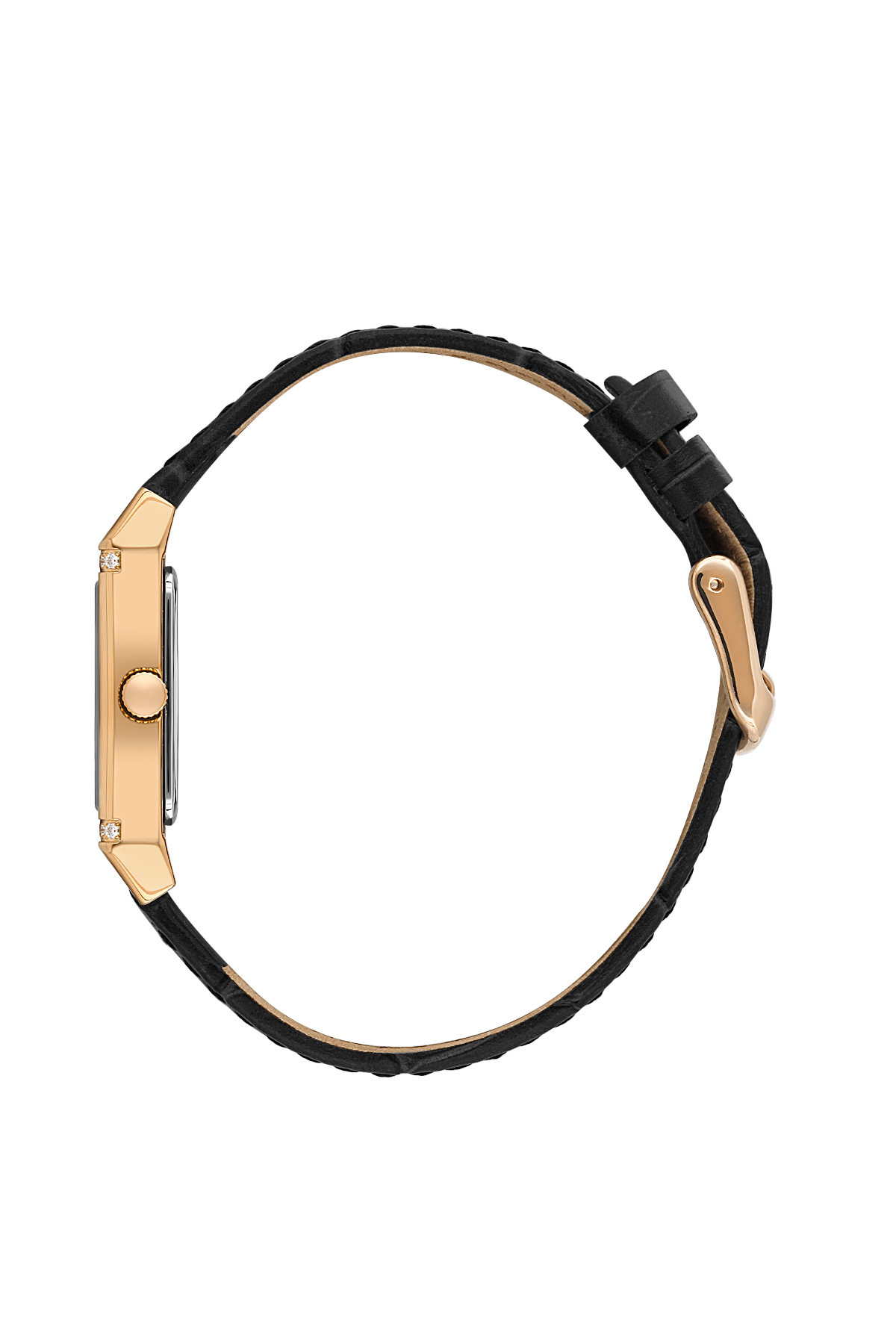 Wristwatch with black strap and gold case on a white background
