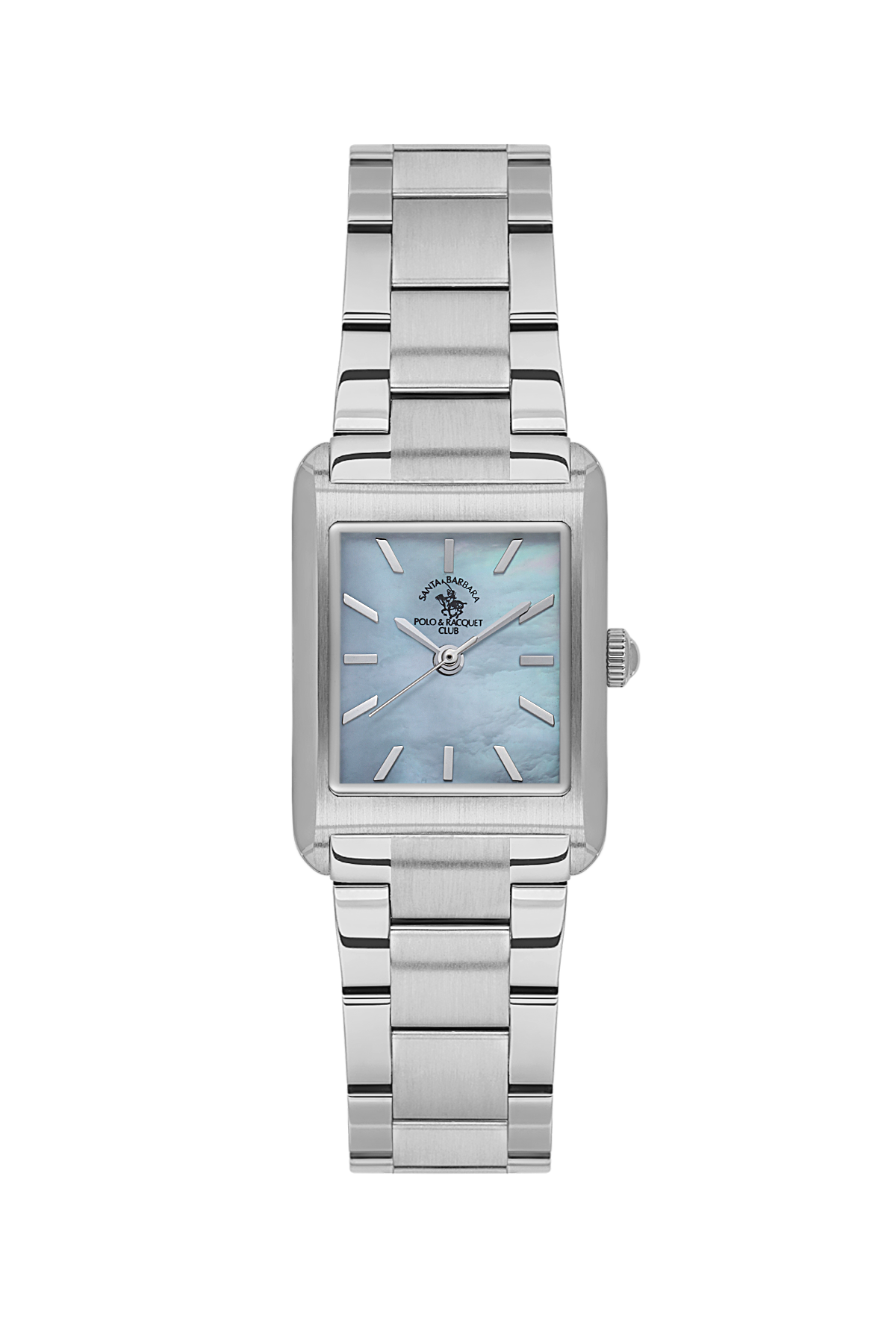 Silver watch with a light blue face on a white background