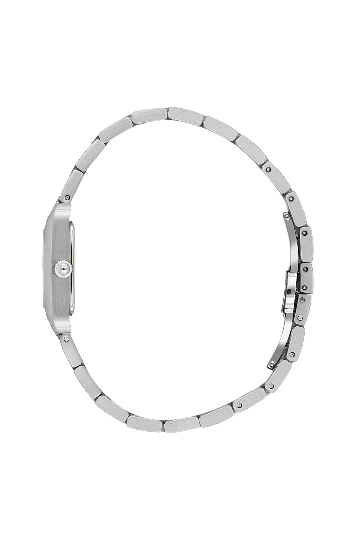 Silver watch band on a white background