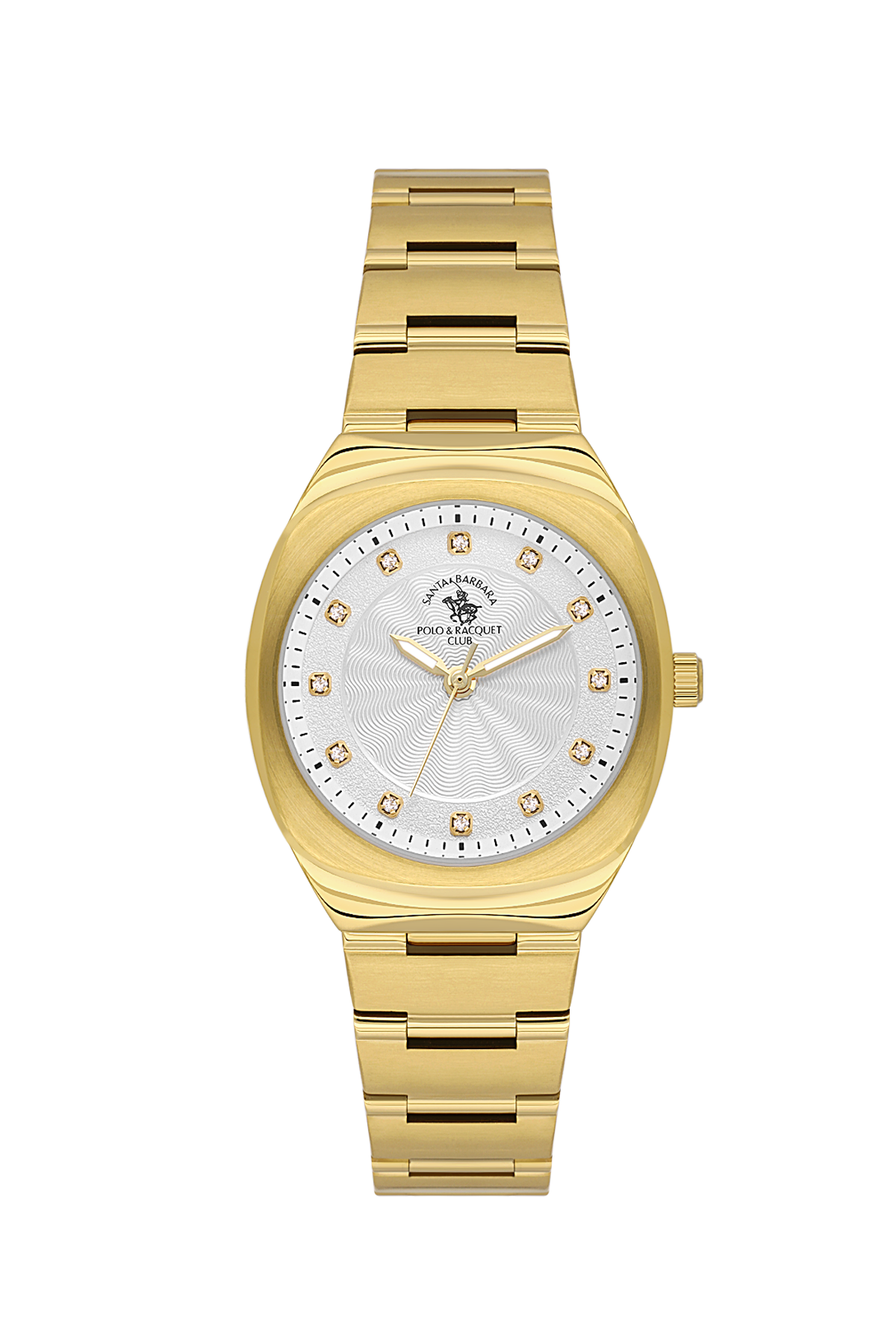 Gold wristwatch with a white face on a white background