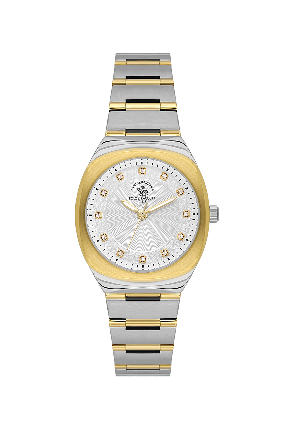 Two-tone watch with gold and silver band on a white background