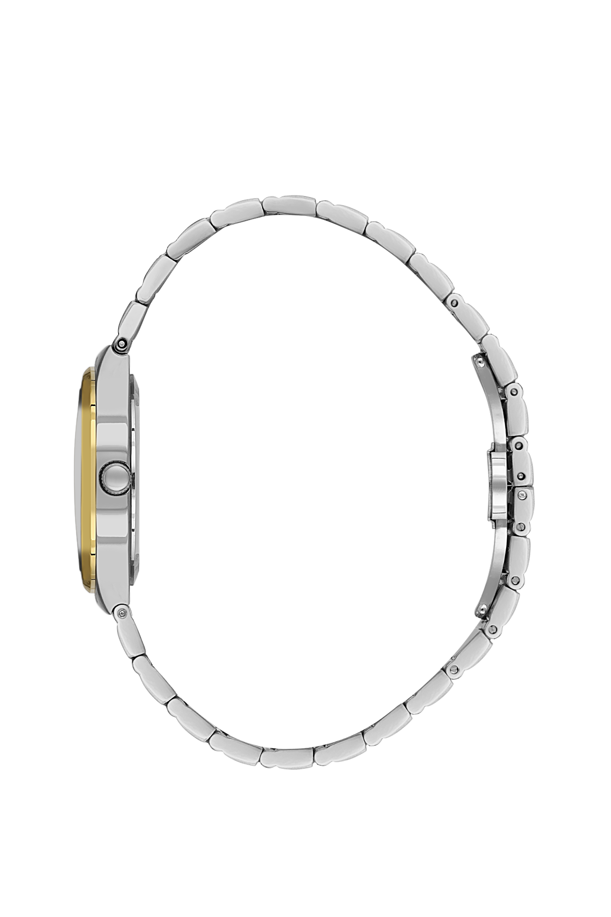 Silver watch with a gold face on a white background