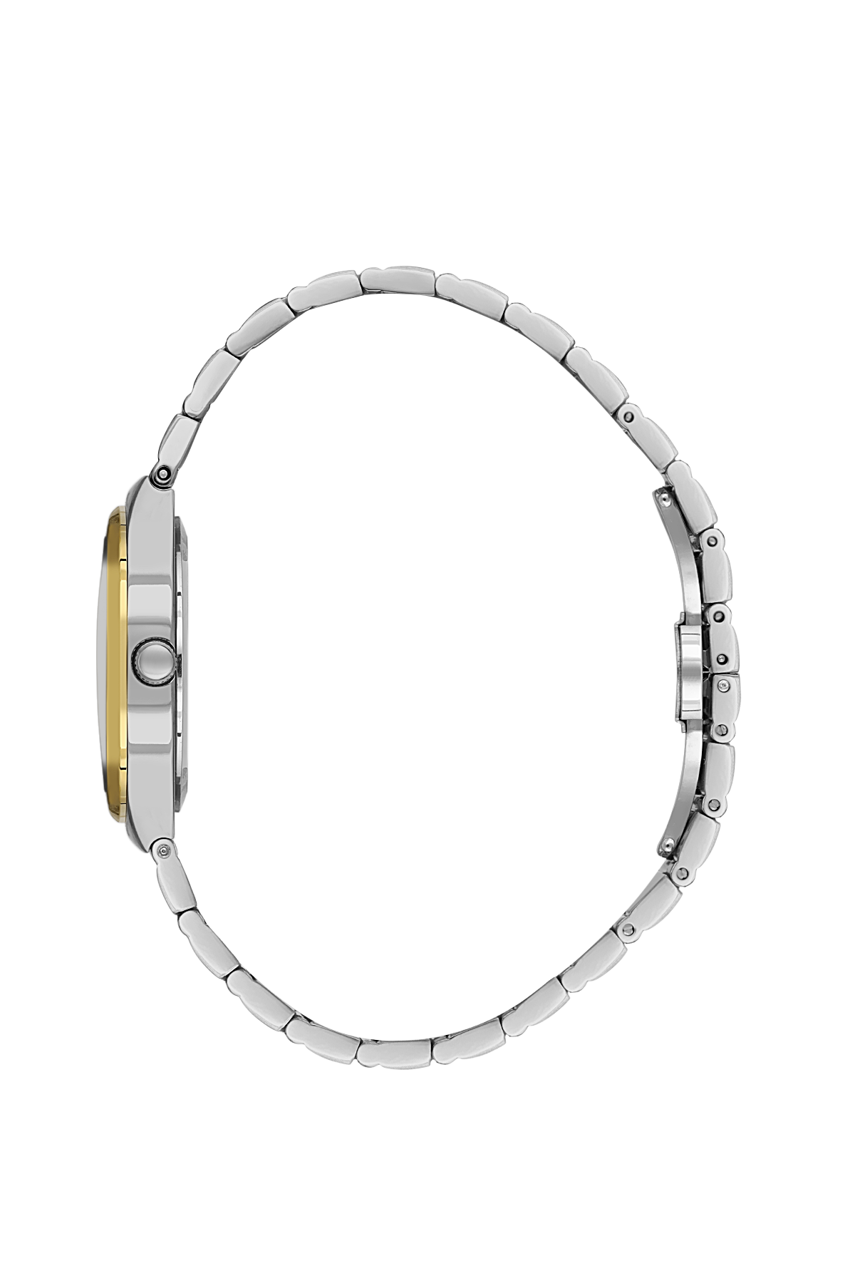 Close-up of a watch with a metallic band on a white background